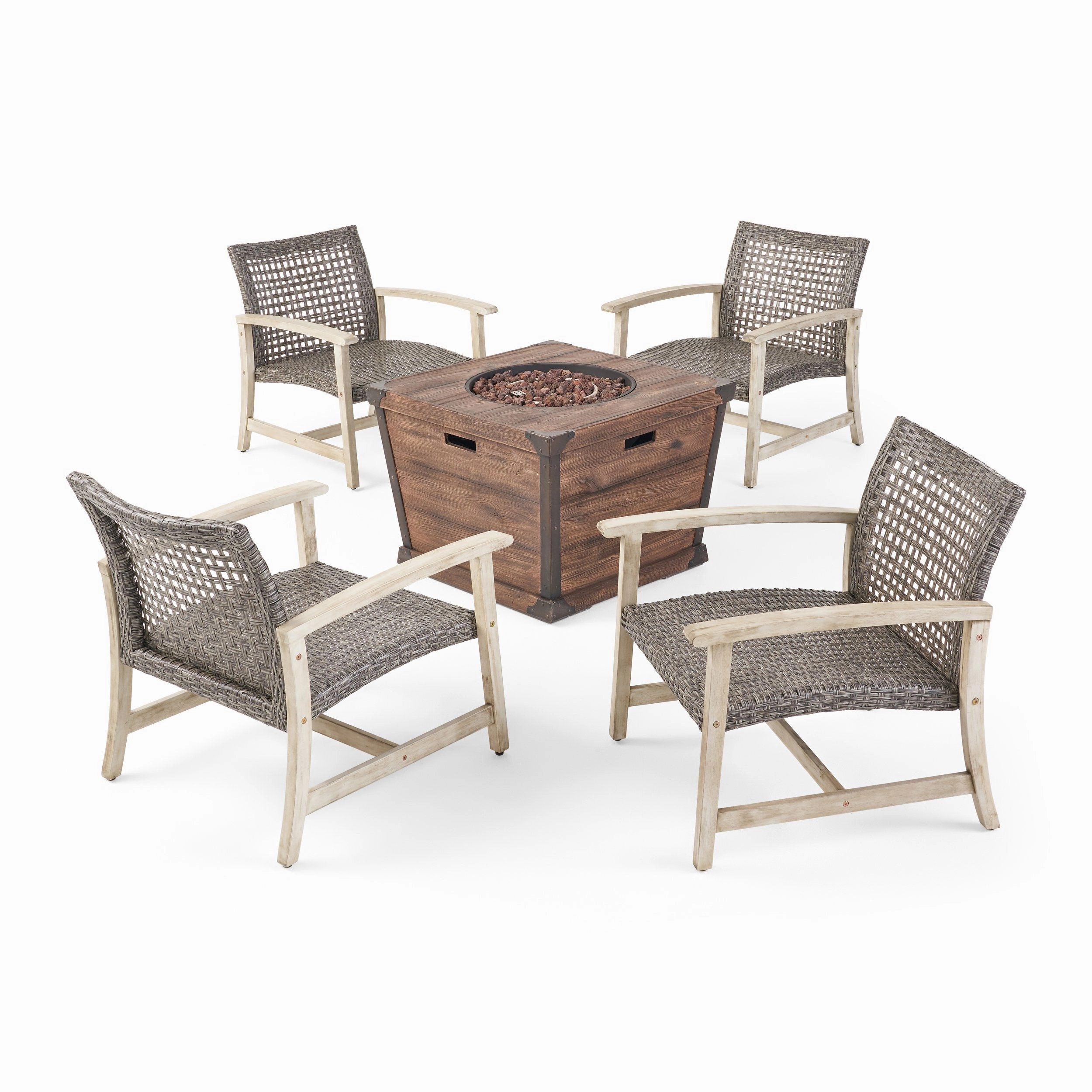 Outdoor 4 Piece Wood and Wicker Club Chair Set with Fire Pit - NH818703