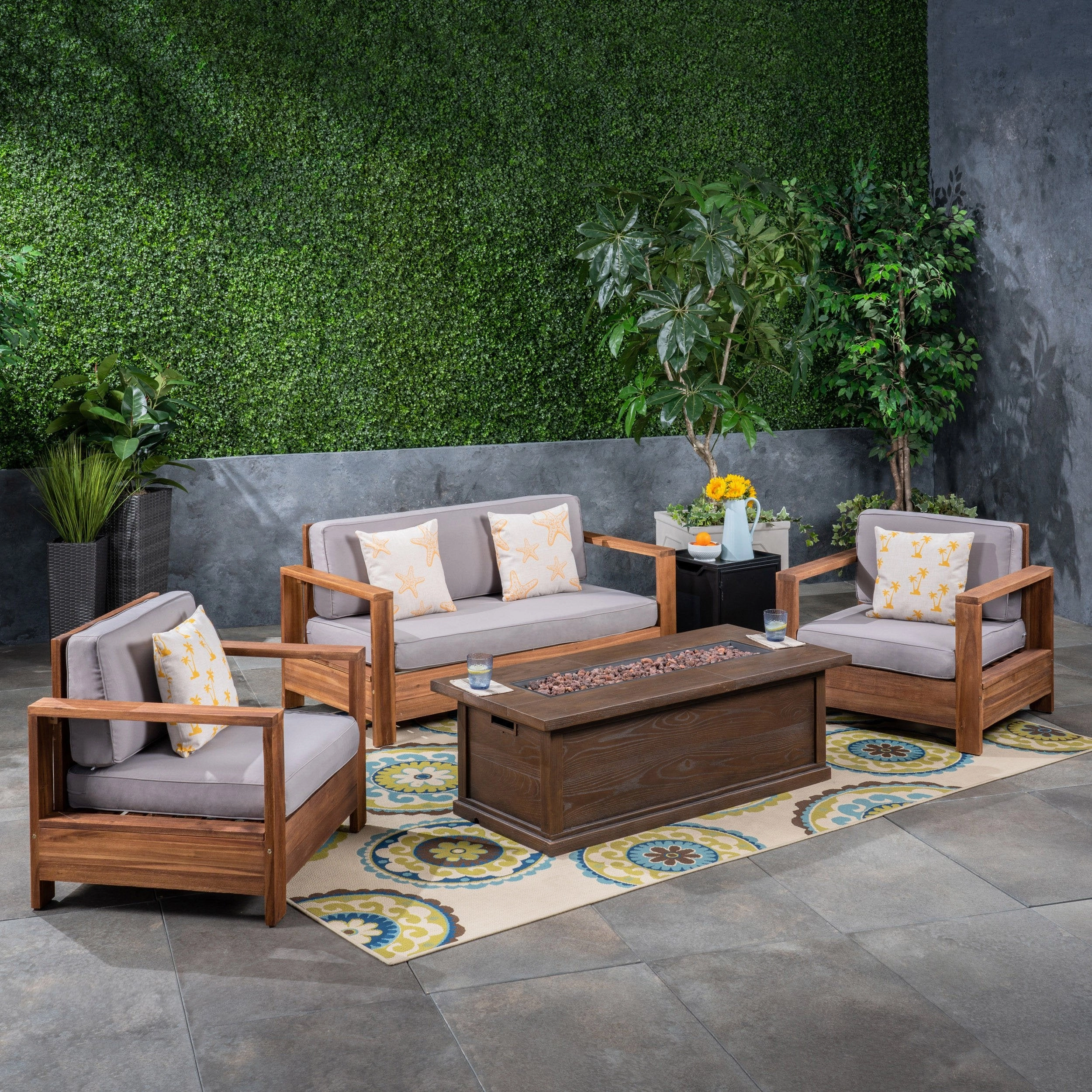 Outdoor 4-Seater Acacia Wood Chat Set with Fire Pit and Tank Holder - NH893603
