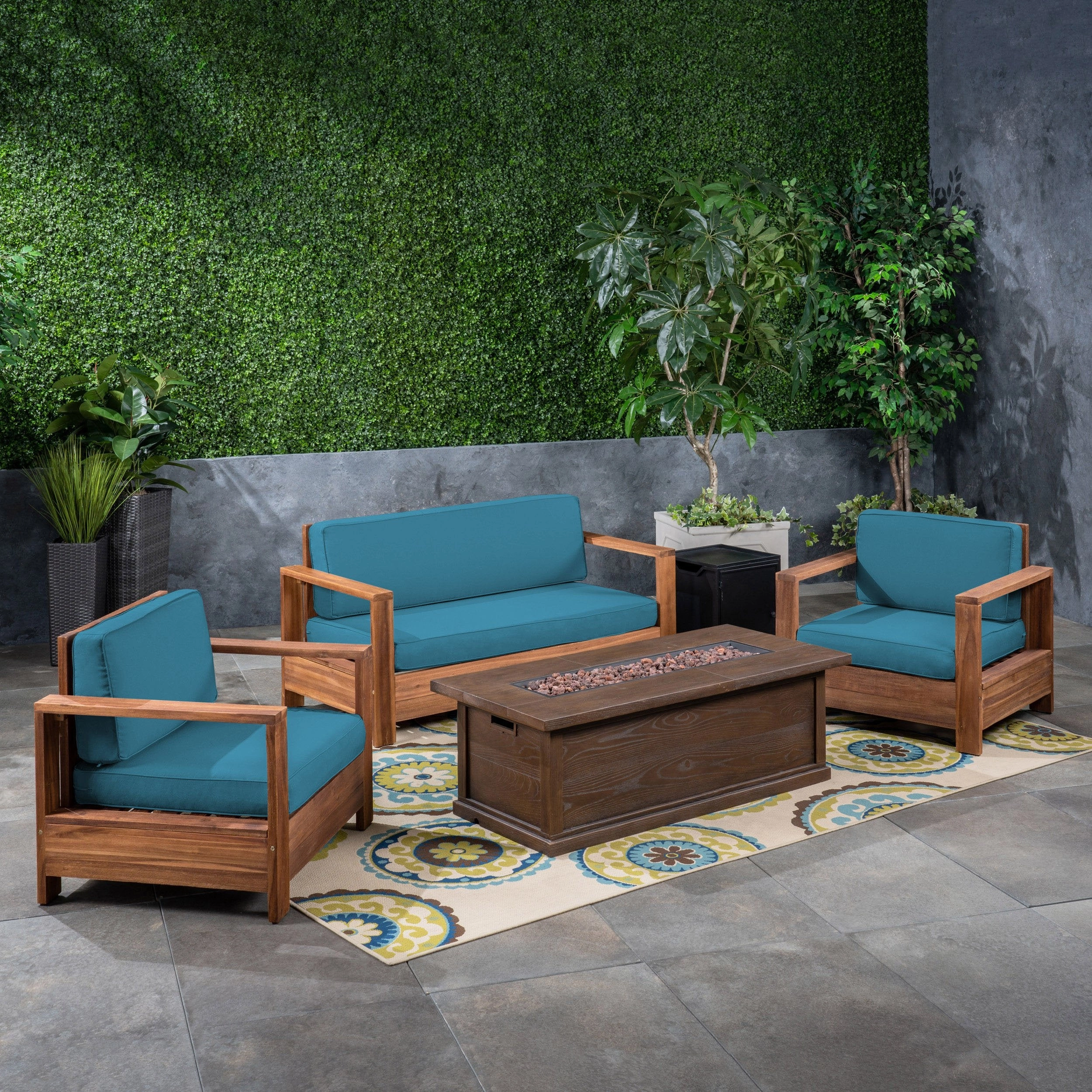 Outdoor 4-Seater Acacia Wood Chat Set with Fire Pit and Tank Holder - NH893603