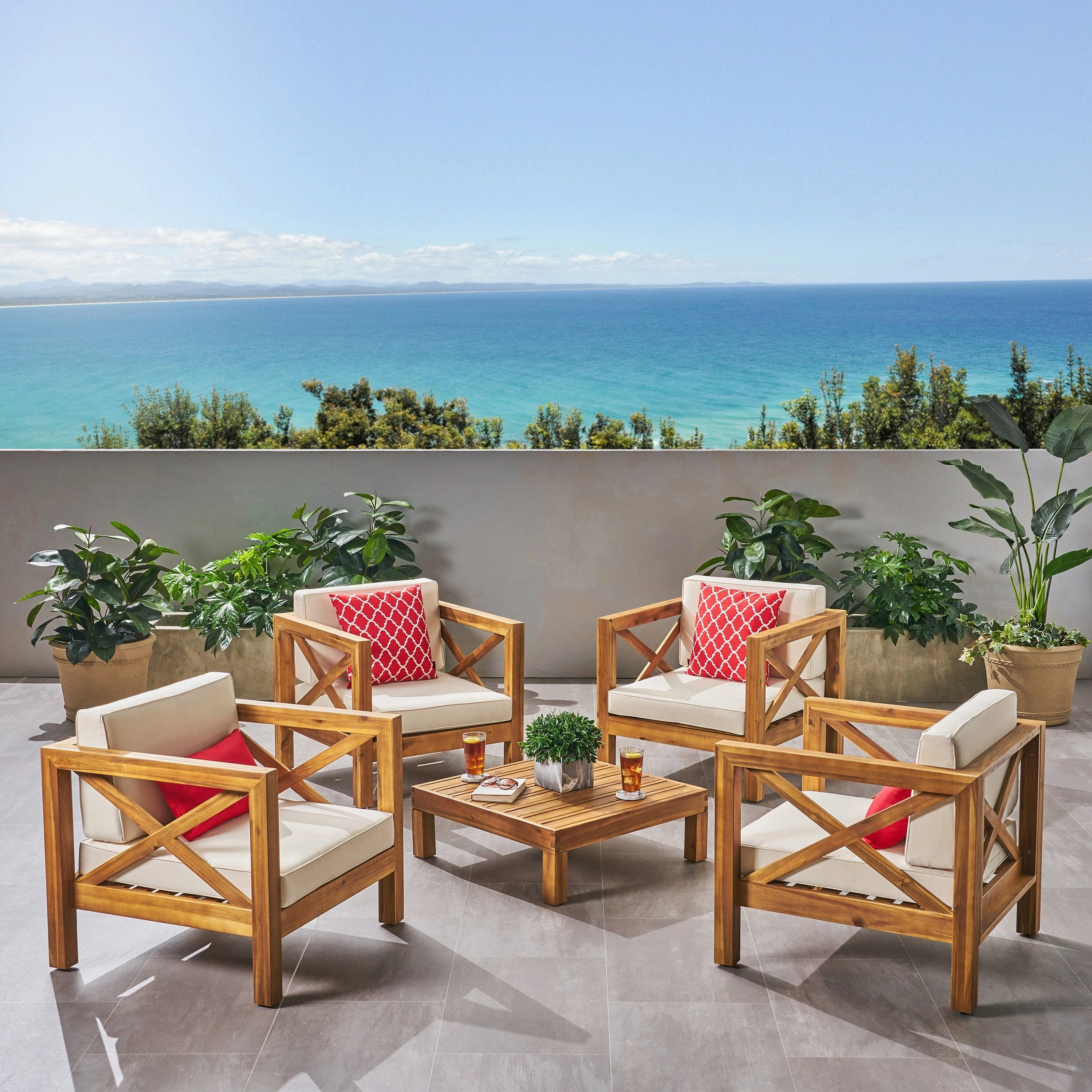 Outdoor 4 Seater Acacia Wood Club Chair and Coffee Table Set - NH004803