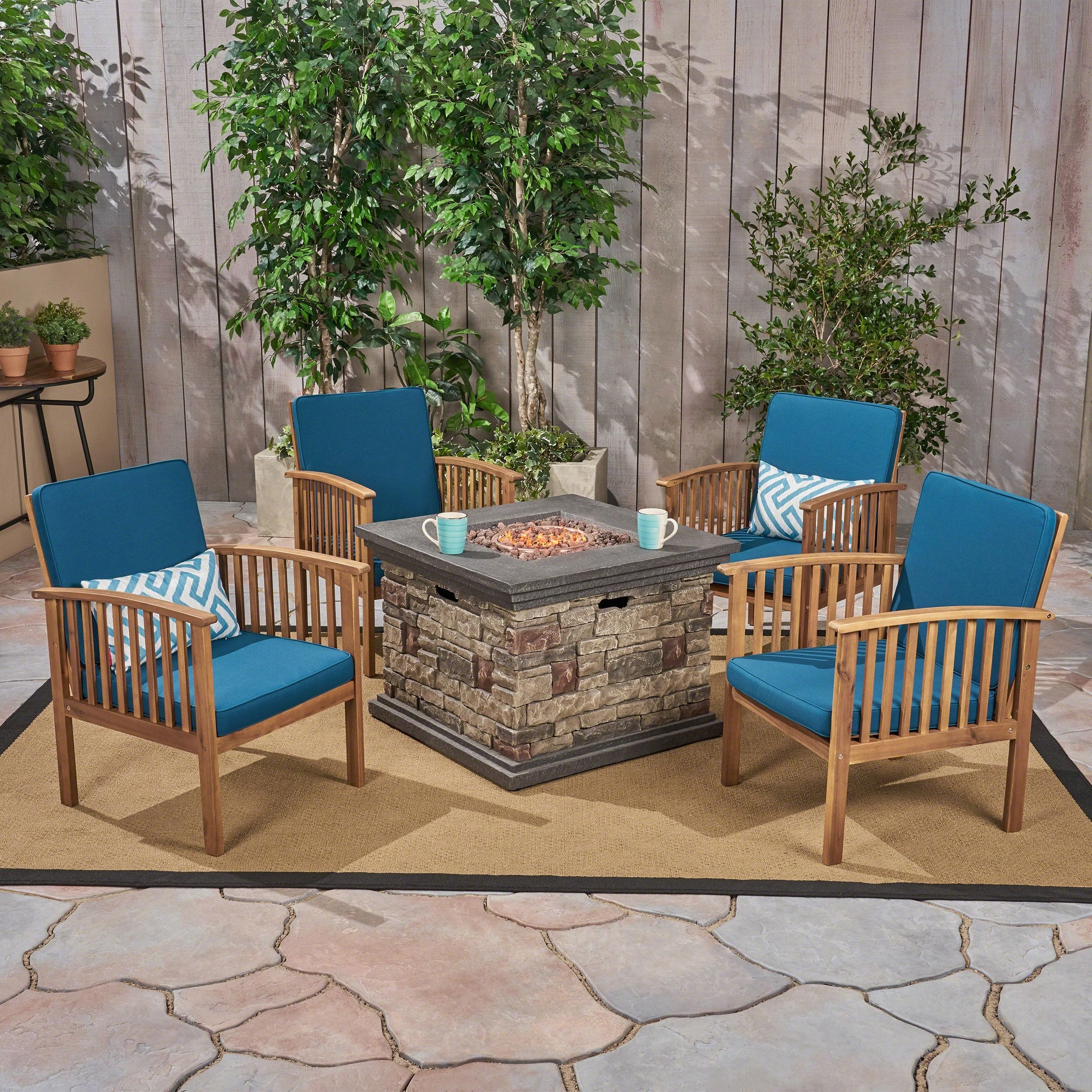 Outdoor 4-Seater Acacia Wood Club Chairs with Firepit, Brown Patina Finish and Cream and Stone - NH780603
