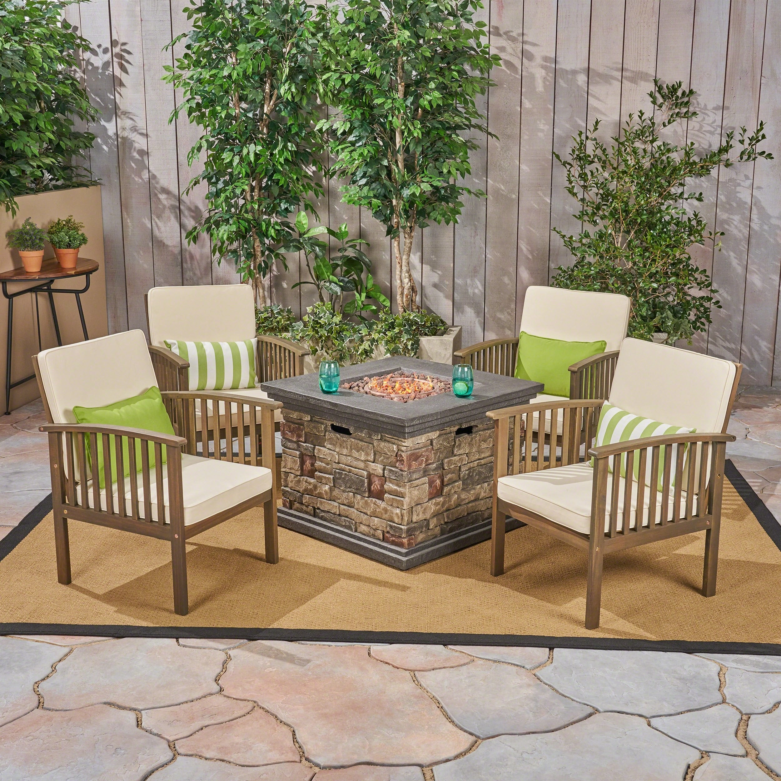 Outdoor 4-Seater Acacia Wood Club Chairs with Firepit, Brown Patina Finish and Cream and Stone - NH780603