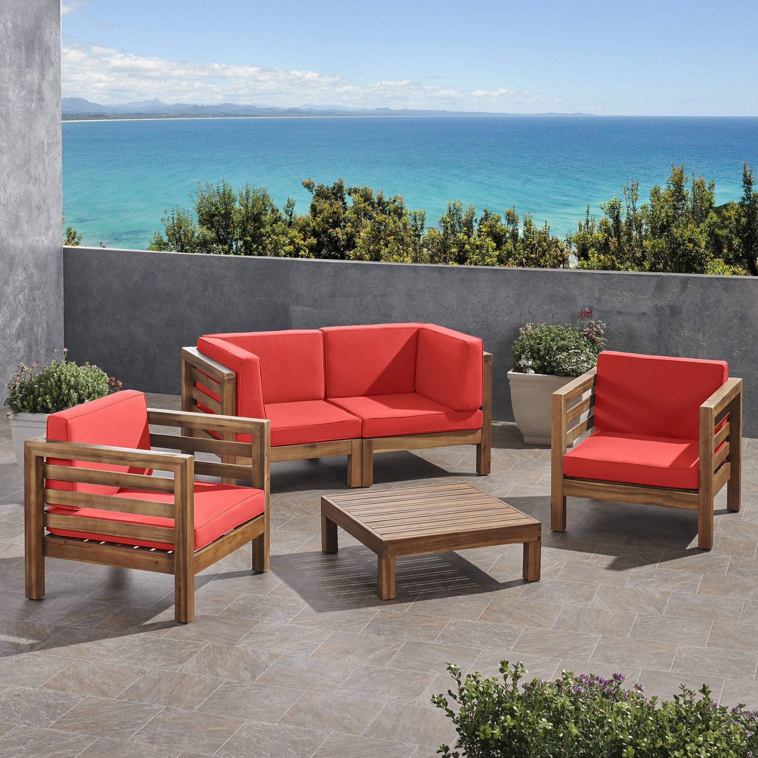 Outdoor 4 Seater Acacia Wood Loveseat Chat Set - NH454803