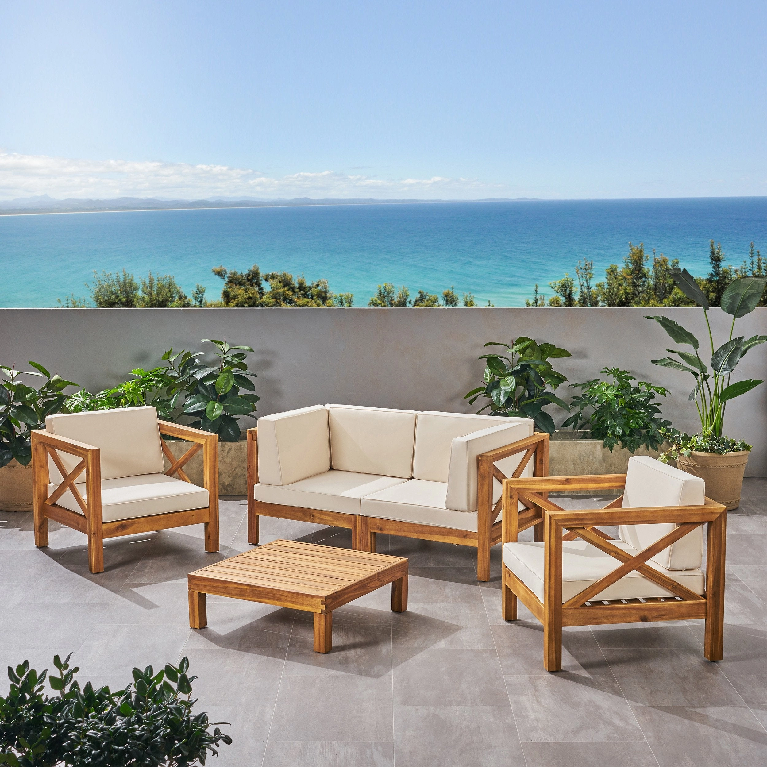 Outdoor 4 Seater Acacia Wood Loveseat Chat Set - NH504803
