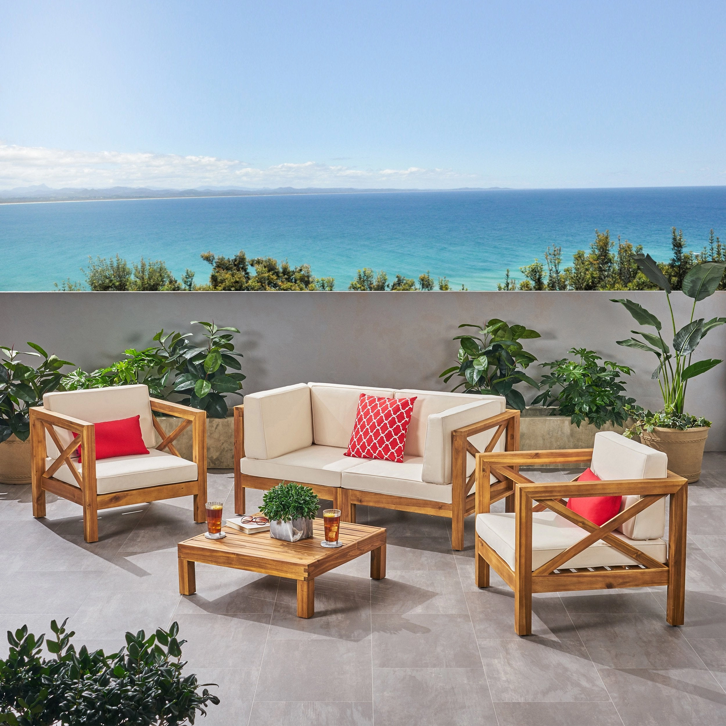 Outdoor 4 Seater Acacia Wood Loveseat Chat Set - NH504803 cushion cover, soft furnishing