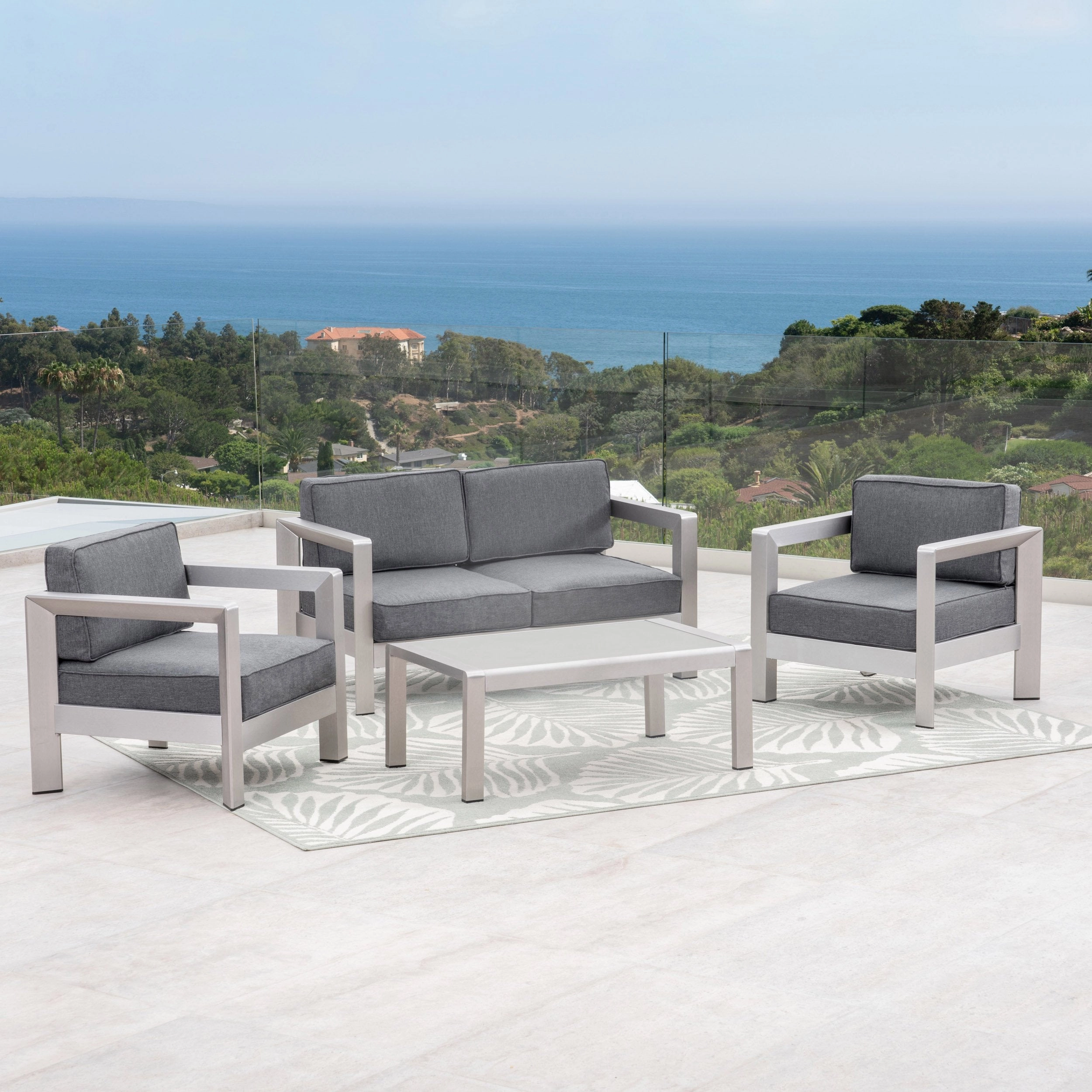 Outdoor 4-Seater Aluminum Chat Set with Tempered Glass-Topped Coffee Table, Silver and Gray - NH864603 cushion cover, soft furnishing