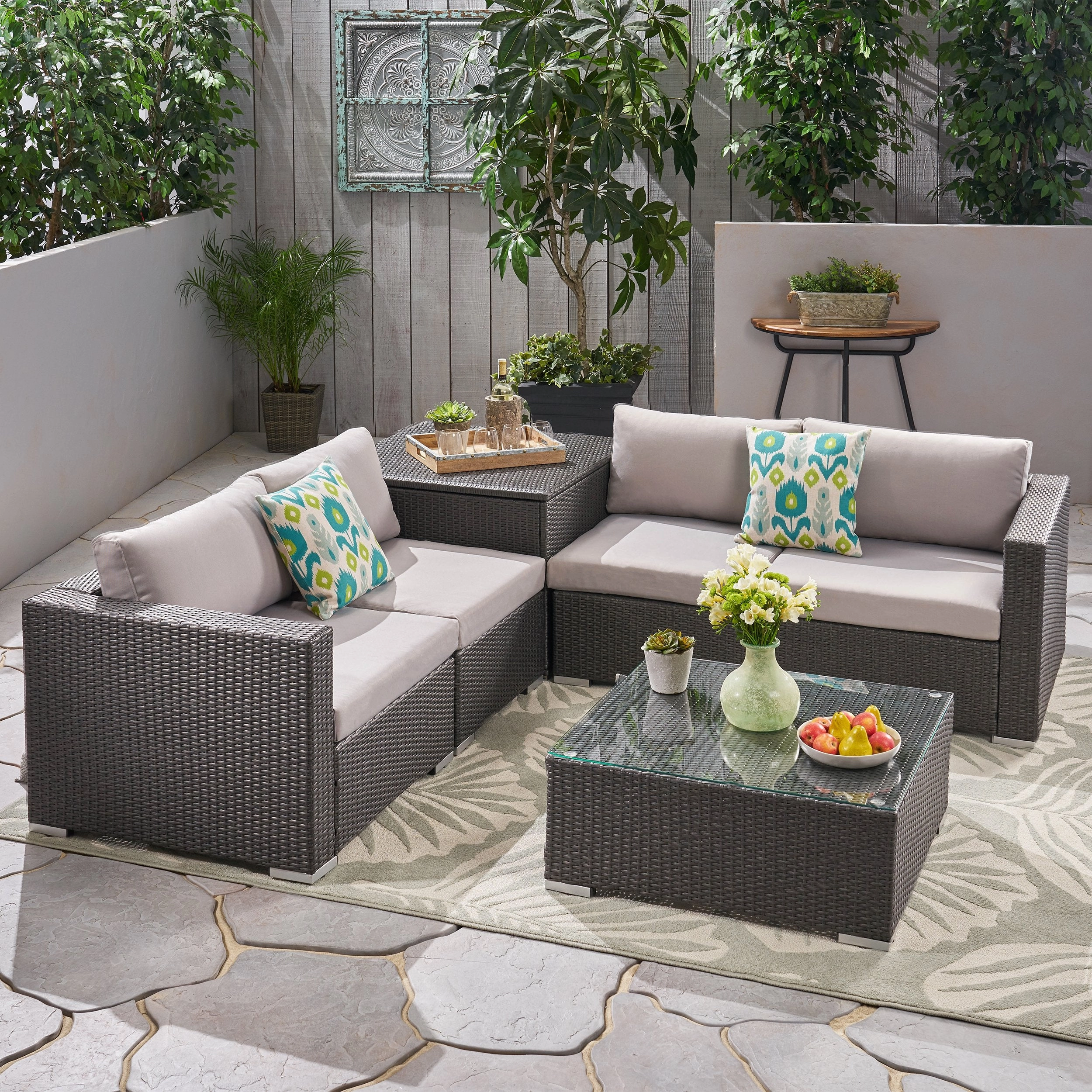 Outdoor 4-Seater Sectional Sofa Set with Coffee Table and Storage Ottoman - NH535703 serving bowl, serving dish
