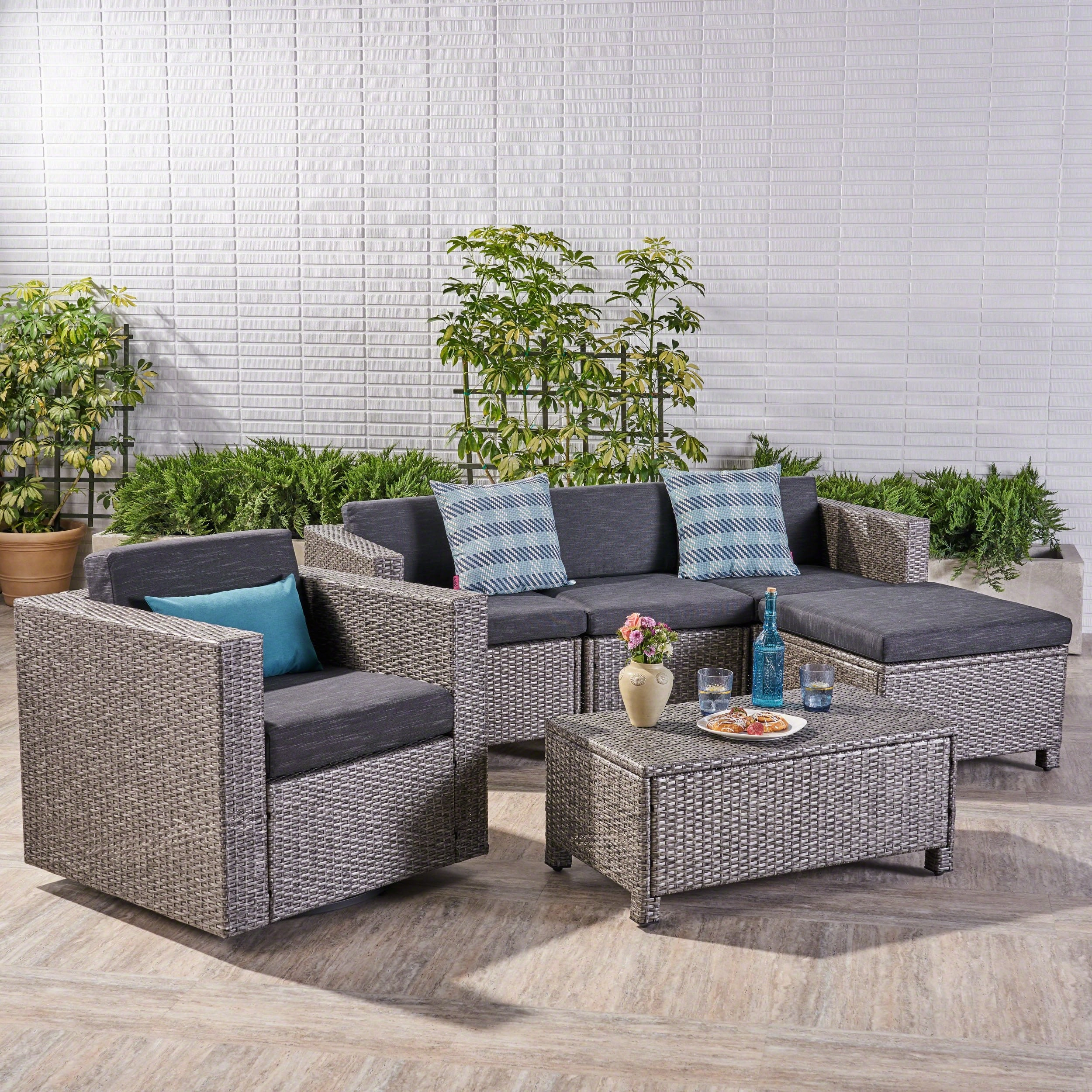 Outdoor 4 Seater Wicker L-Shaped Sectional Sofa Set with Cushions, Mixed Black with Dark Grey Cushions - NH337403 serving bowl, serving dish