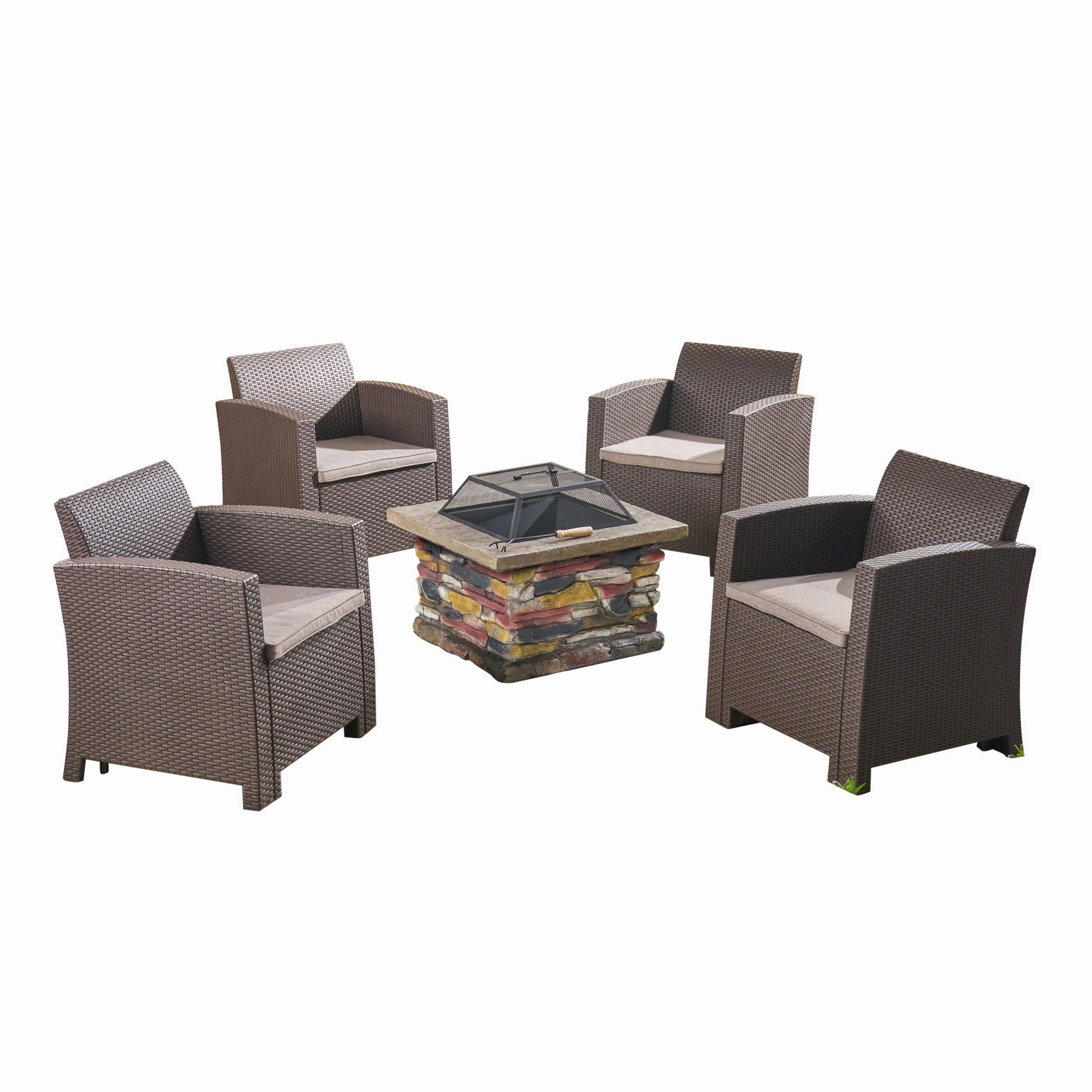 Outdoor 4-Seater Wicker Print Chat Set with Wood Burning Fire Pit, Brown and Mixed Beige and Natural Stone - NH398503 clothes rack, garment rack