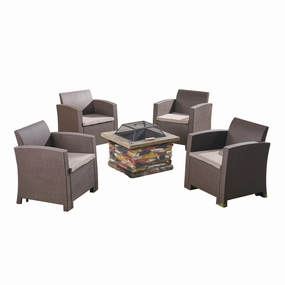 Outdoor 4-Seater Wicker Print Chat Set with Wood Burning Fire Pit, Brown and Mixed Beige and Natural Stone - NH398503 clothes rack, garment rack