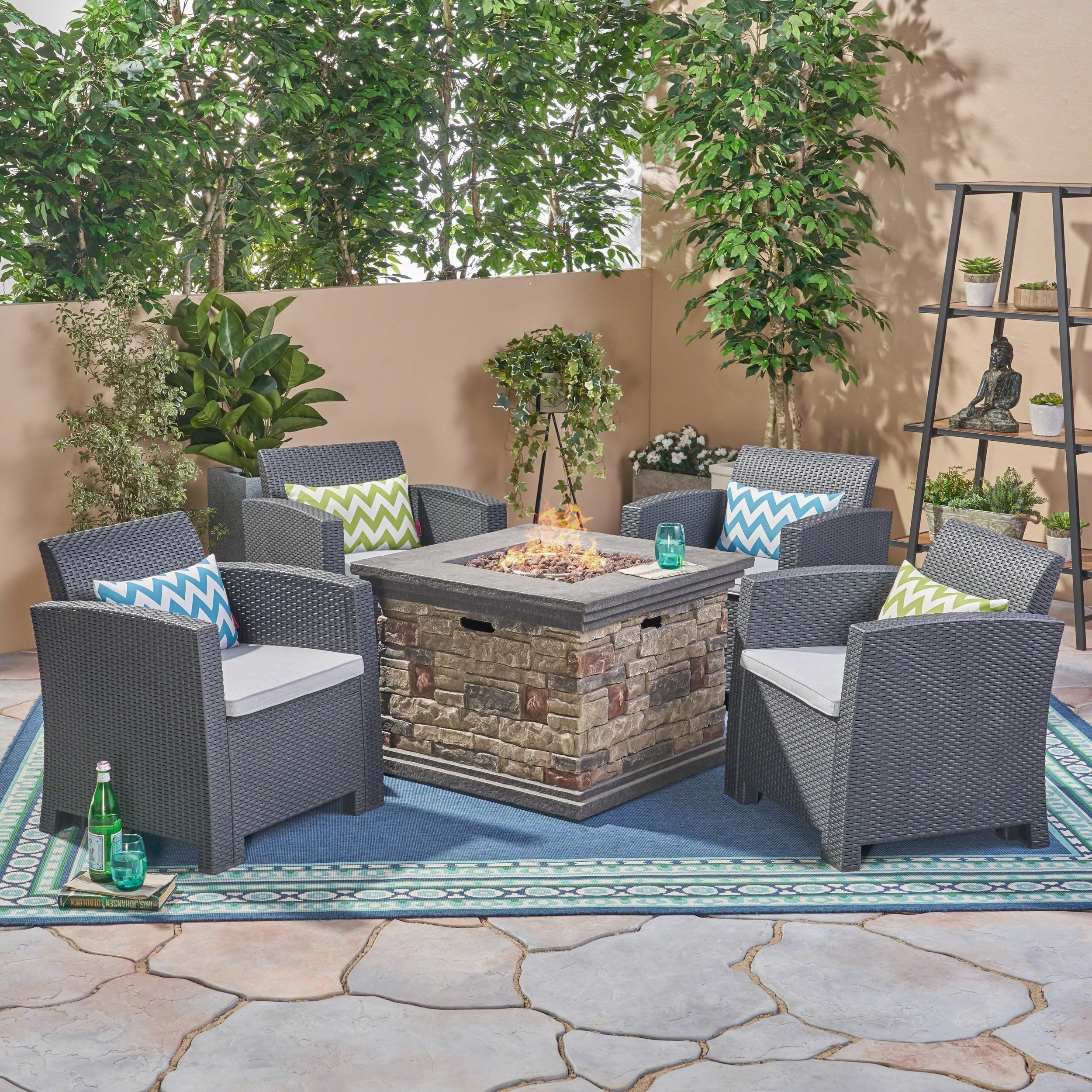 Outdoor 4-Seater Wicker Print Club Chair Chat Set with Fire Pit - NH513603