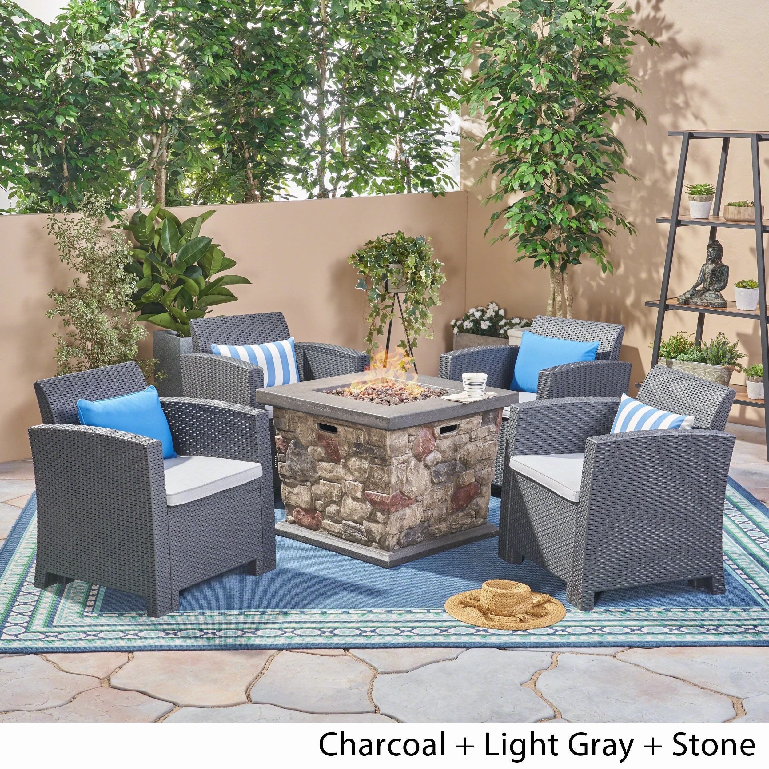 Outdoor 4-Seater Wicker Print Club Chair Chat Set With Fire Pit - NH823603