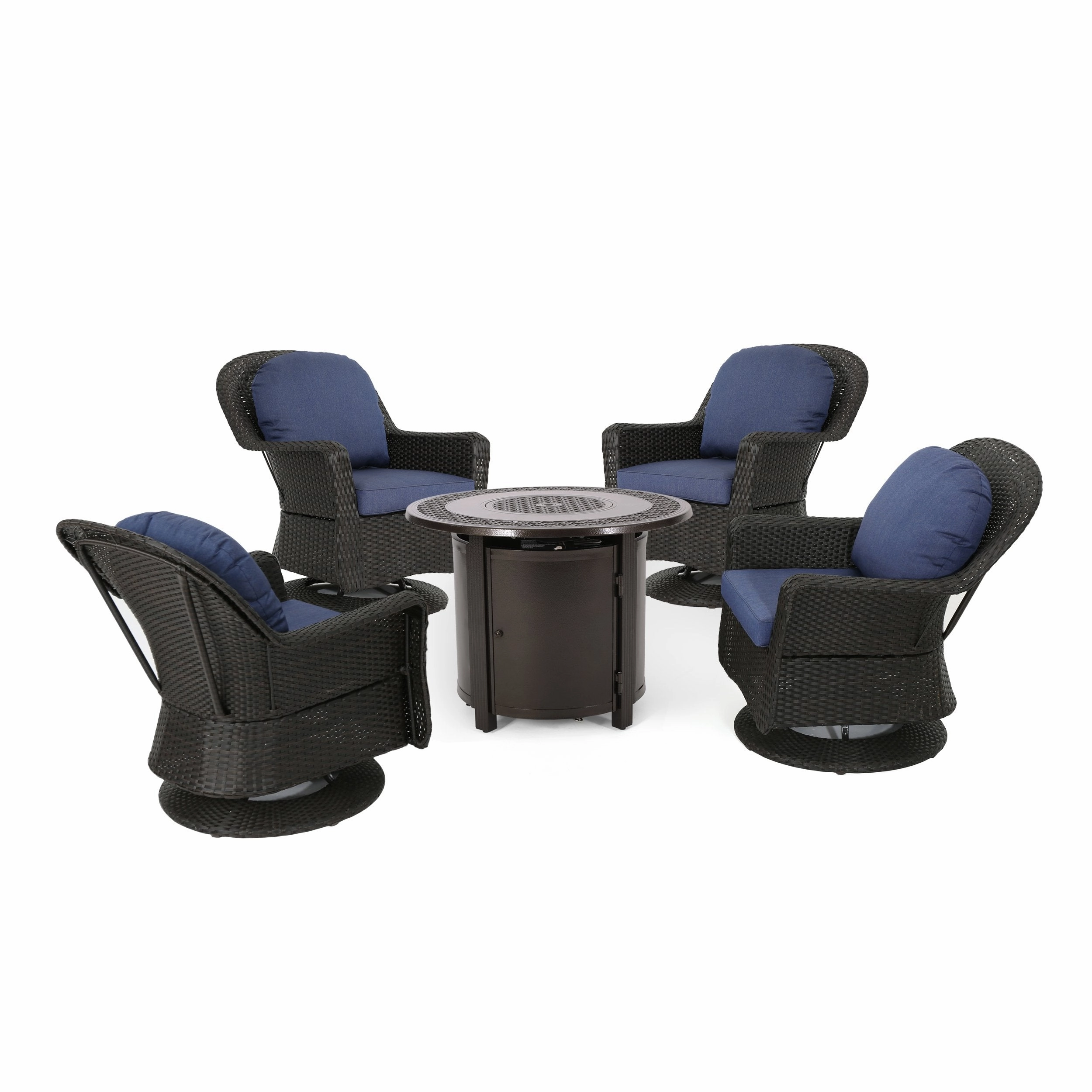 Outdoor 4 Seater Wicker Swivel Chair and Fire Pit Set - NH479213