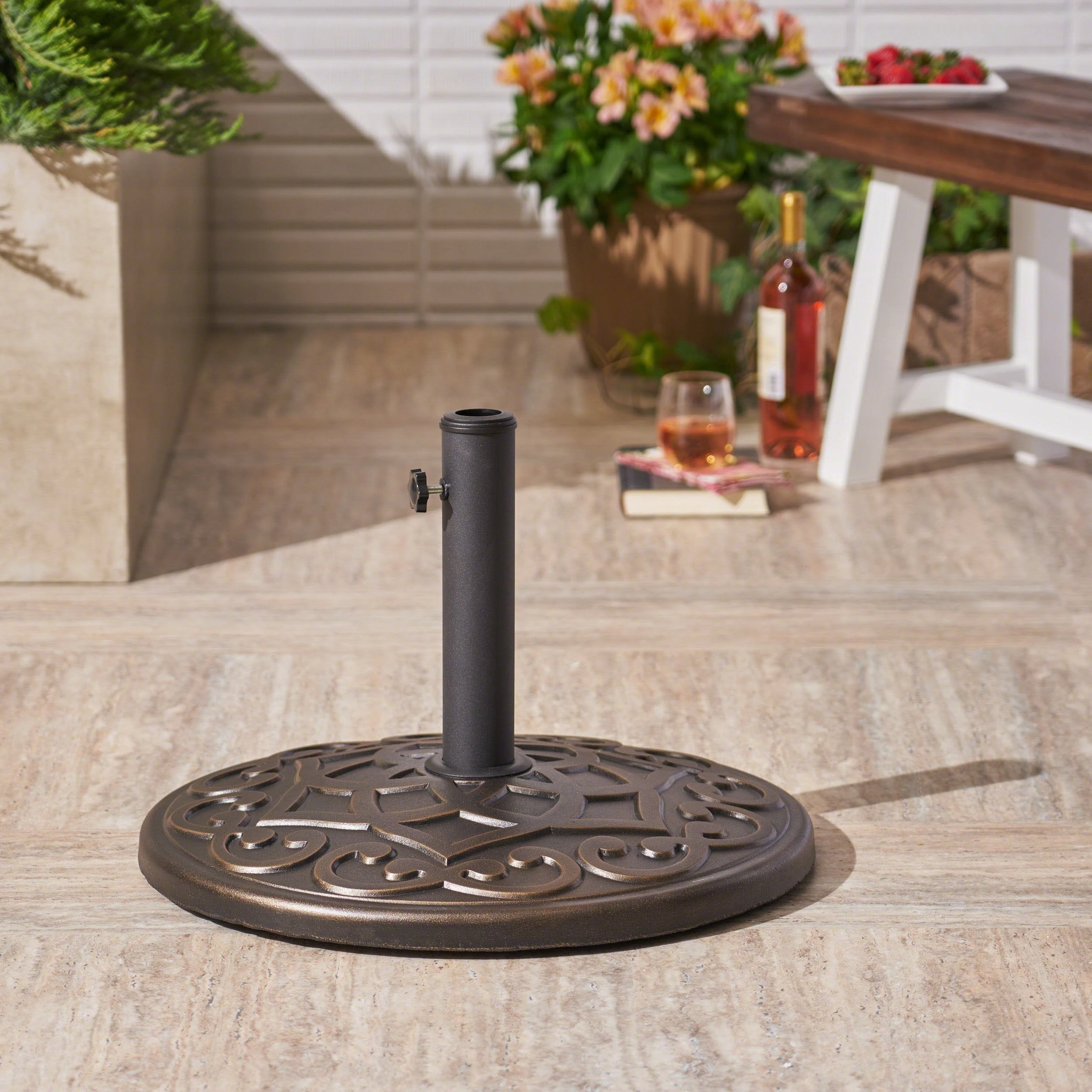 Outdoor 57lb Concrete Circular Umbrella Base, Hammered Dark Copper - NH555403 cowhide rug, luxury rug
