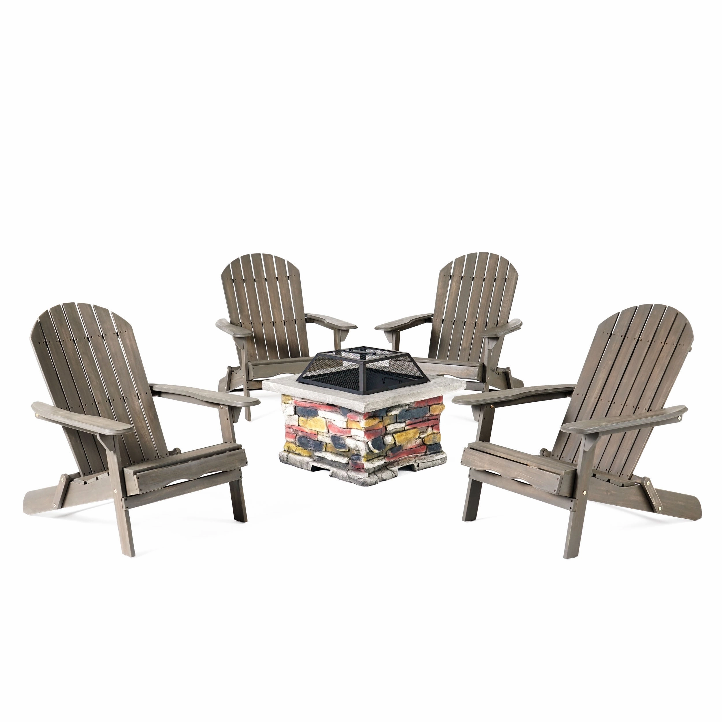 Outdoor 5 Piece Acacia Wood/ Light Weight Concrete Adirondack Chair Set with Fire Pit - NH313403