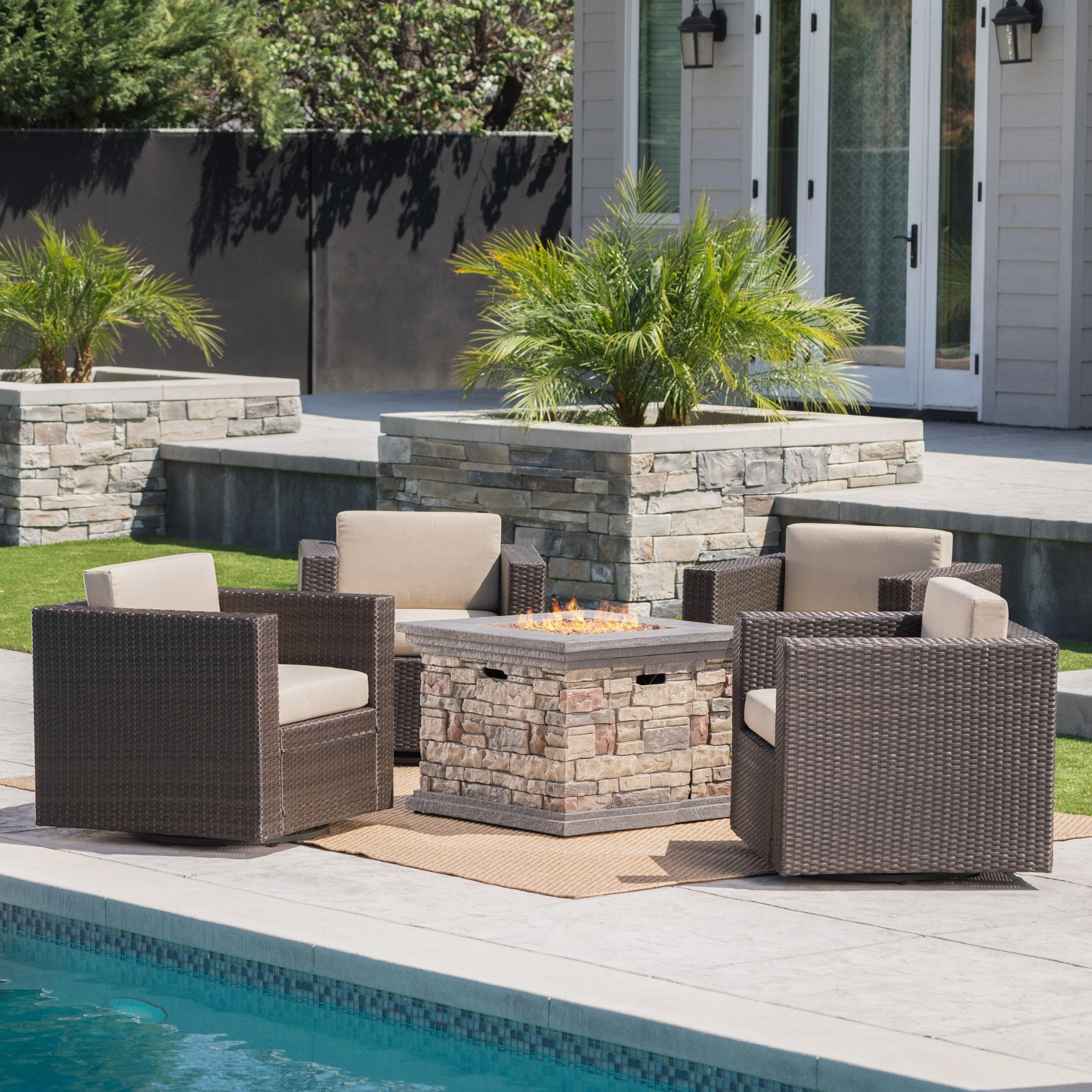 Outdoor 5 Piece Chat Set with Dark Brown Chairs with Fire Pit - NH352203