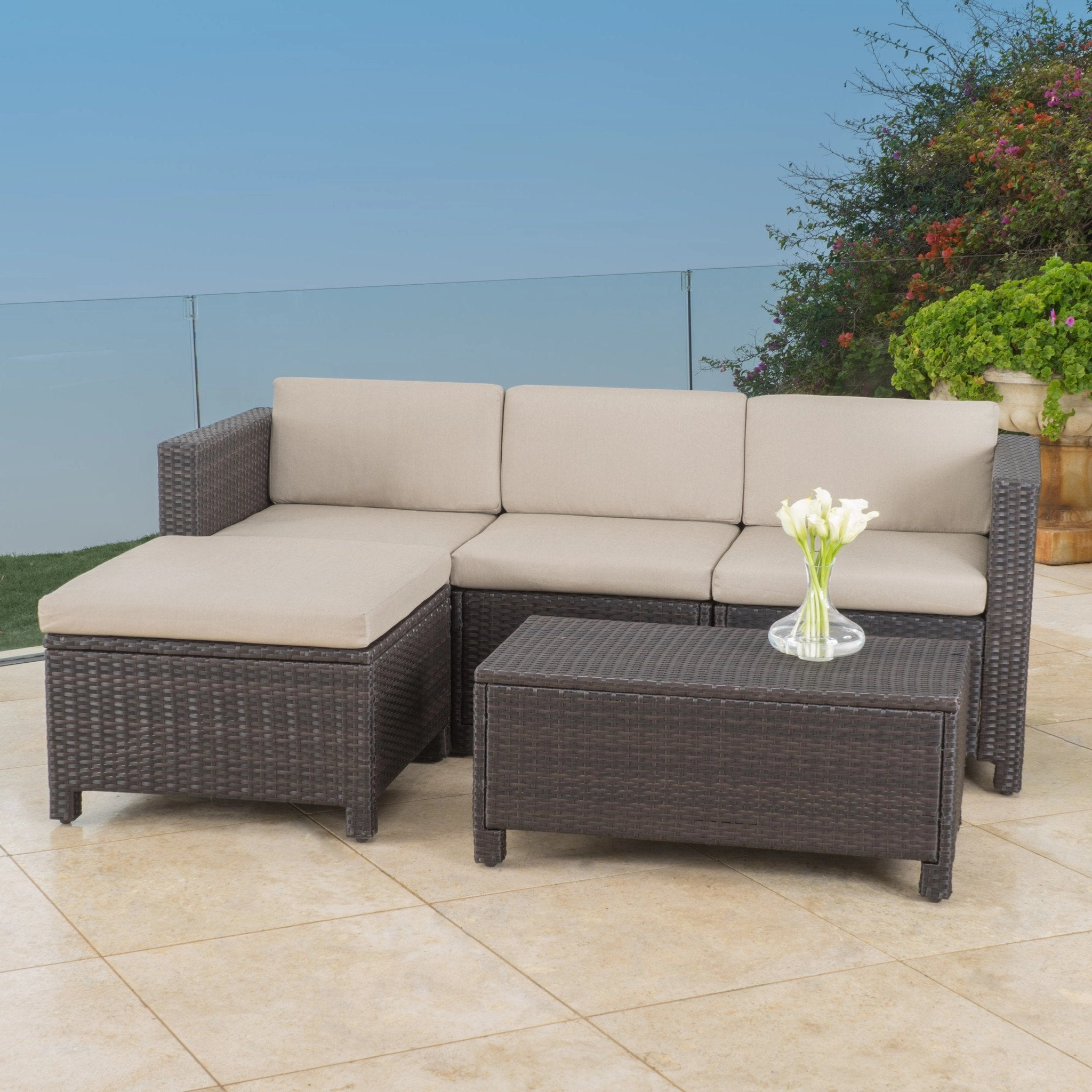 Outdoor 5-piece Dark Brown Wicker Sectional Sofa Set with Beige Cushions - NH376692 serving bowl, serving dish