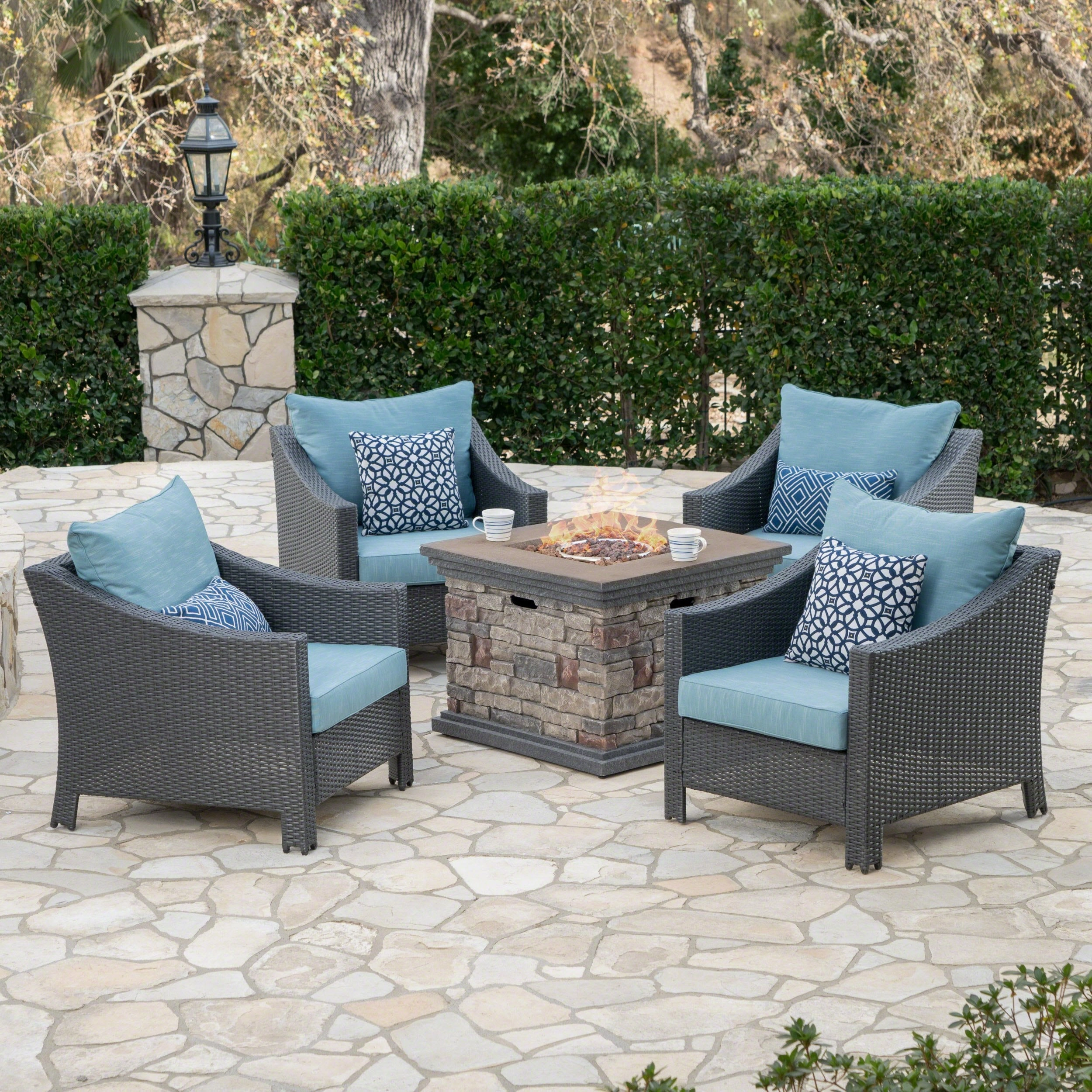 Outdoor 5 Piece Gray Wicker Chat Set with Stone Finished Fire Pit - NH943303 clothes rack, garment rack