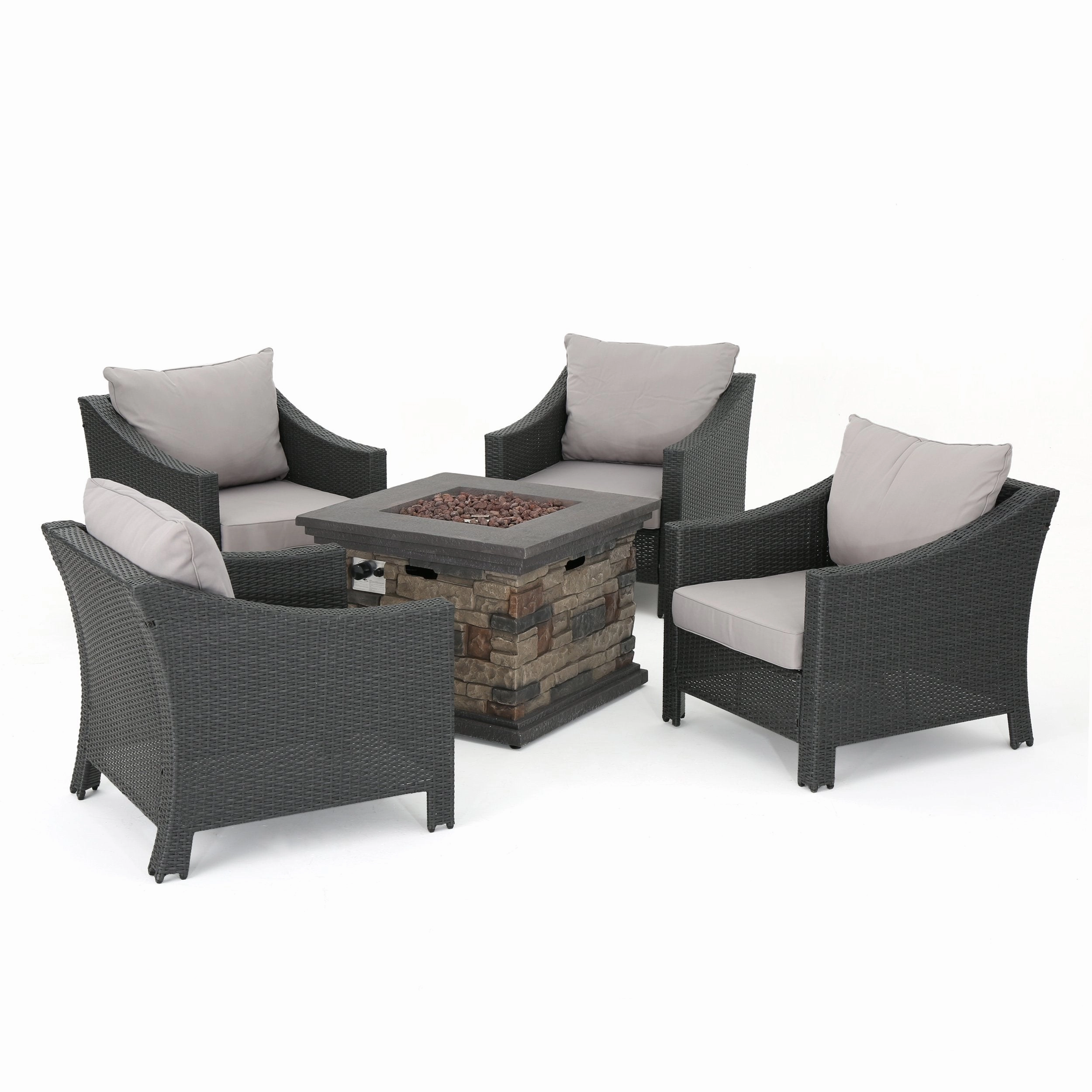 Outdoor 5 Piece Gray Wicker Chat Set with Stone Finished Fire Pit - NH943303