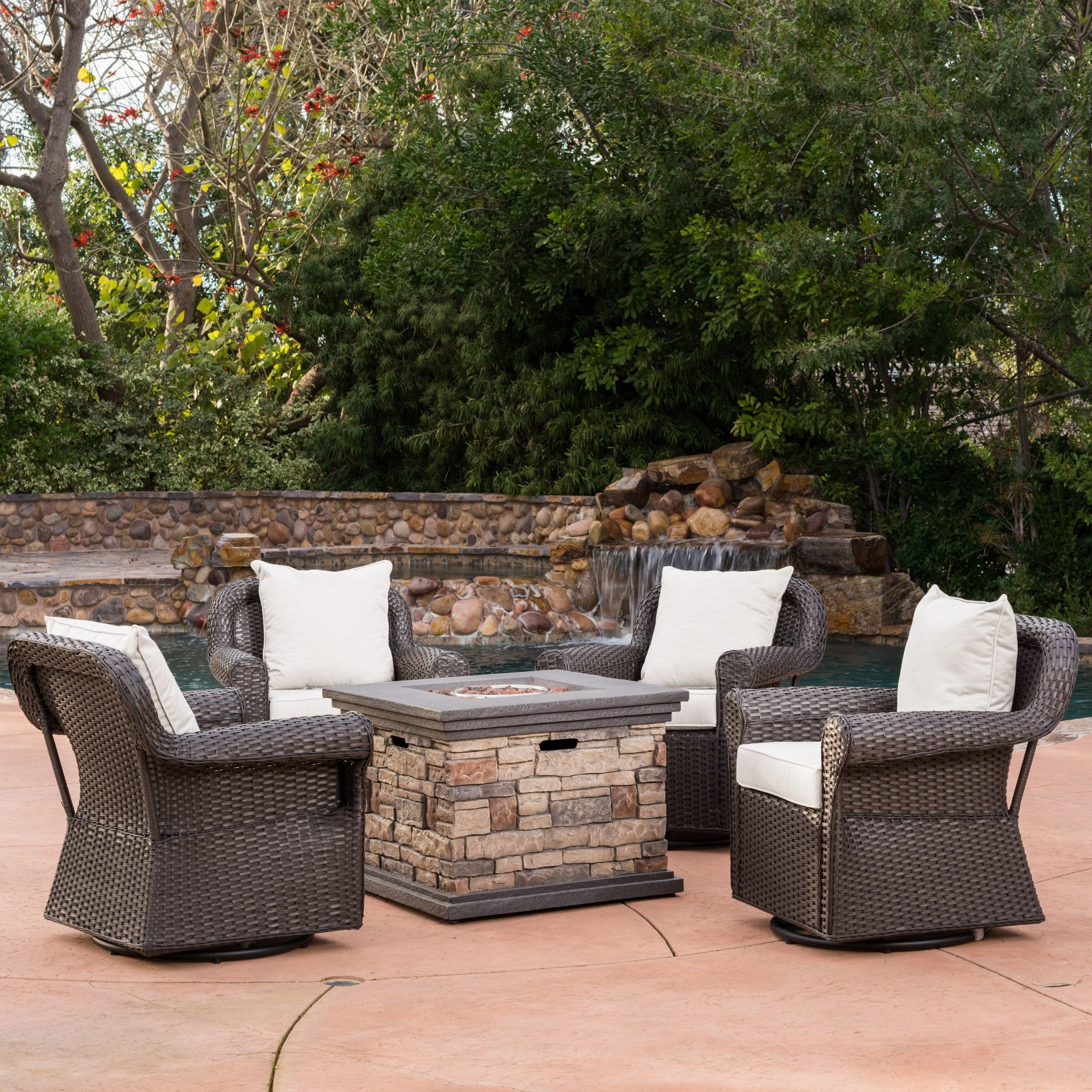 Outdoor 5 Piece Wicker Rocker and Gas Firepit Set - NH842003