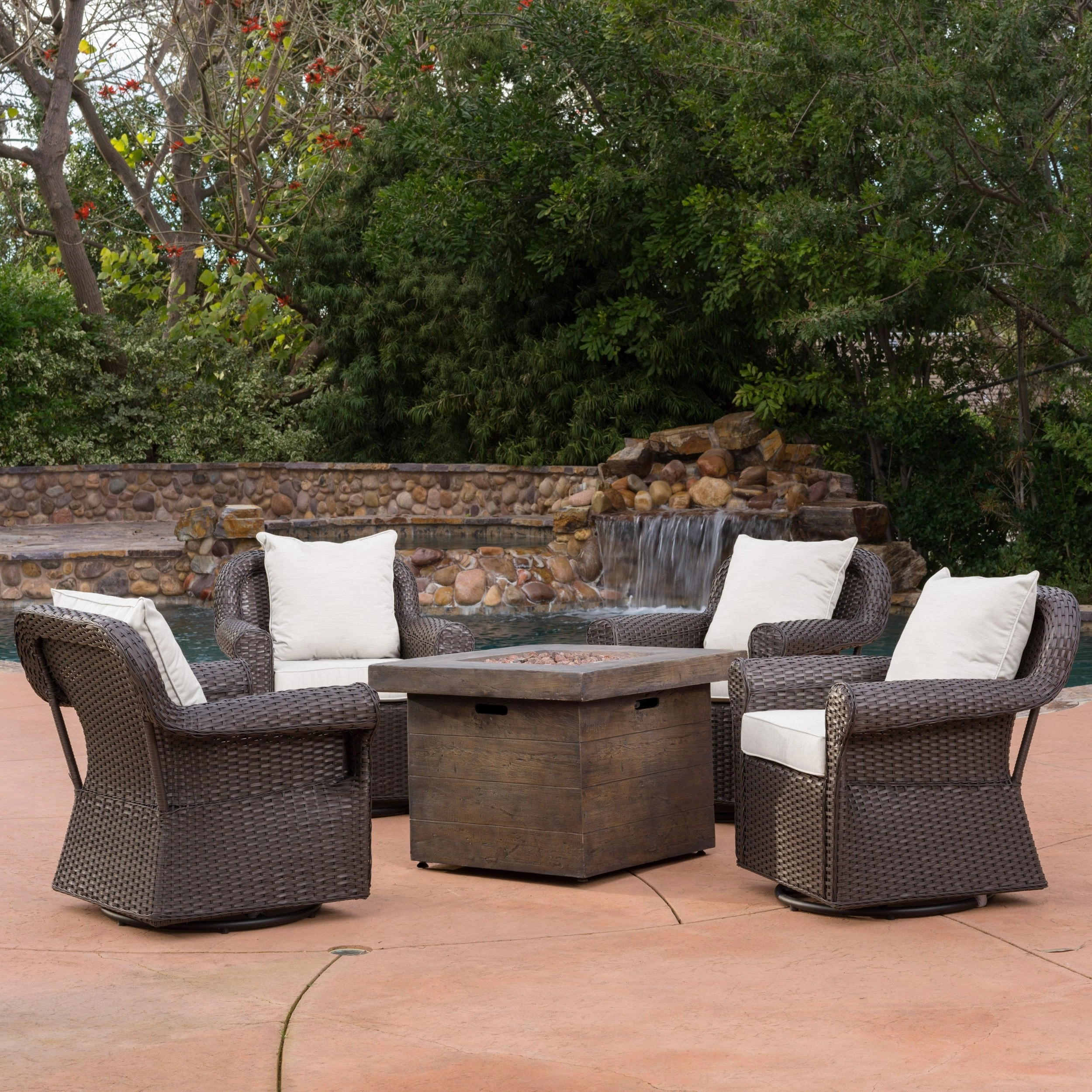 Outdoor 5 Piece Wicker Rocker and Gas Firepit Set - NH842003