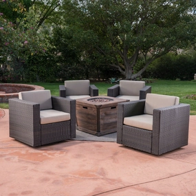 Outdoor 5 Piece Wicker Swivel Club Chair and Fire Pit Set, Dark Brown with Beige and Brown - NH153403 clothes rack, garment rack