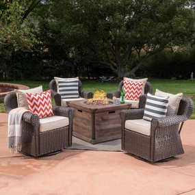 Outdoor 5 Piece Wicker Swivel Club Chair with Aluminum Frame and Fire Pit Set, Dark Brown with Beige and Brown - NH253403 clothes rack, garment rack