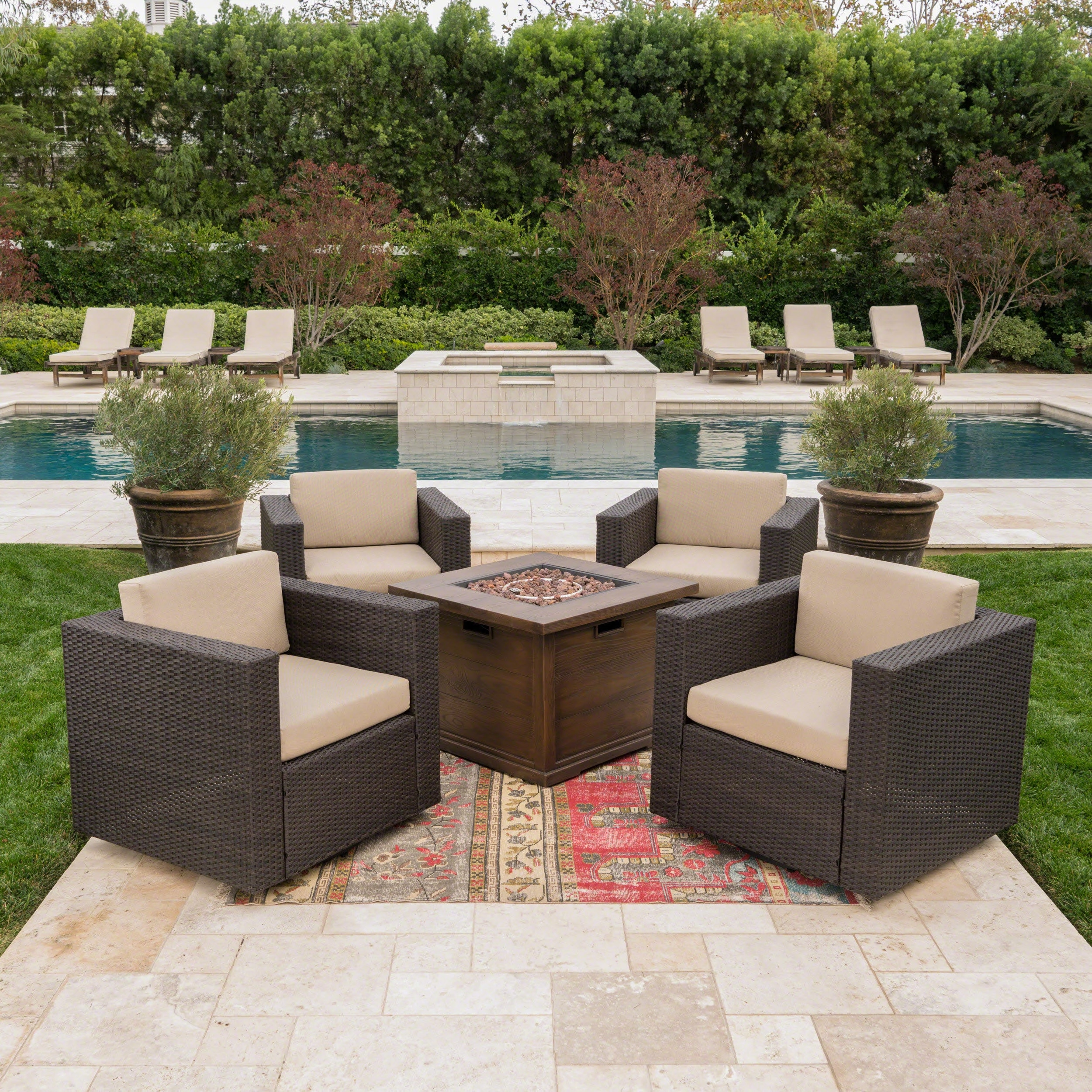 Outdoor 5 Piece Wicker Swivel Club Chairs with Brown Gas Fire Pit - NH728203