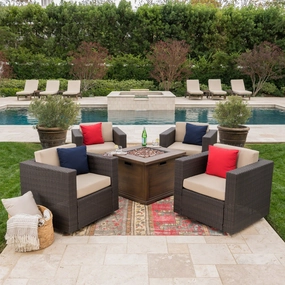 Outdoor 5 Piece Wicker Swivel Club Chairs with Brown Gas Fire Pit - NH728203 clothes rack, garment rack