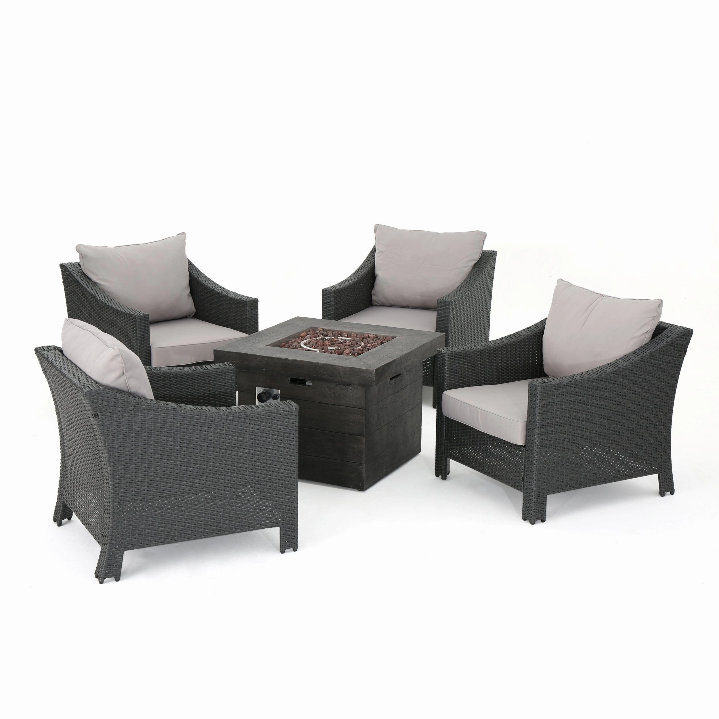 Outdoor 5 Piece Wicker Water Resistant Cushion Chat Set with Fire Pit - NH053303