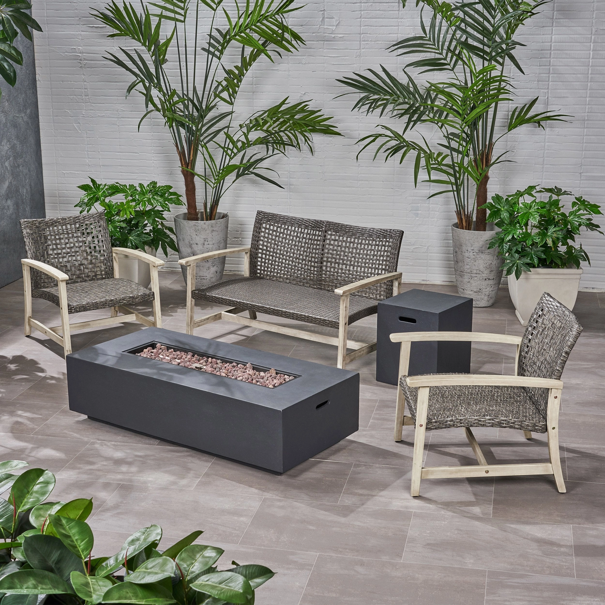 Outdoor 5 Piece Wood and Wicker Chat Set with Fire Pit - NH261803