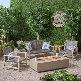 Outdoor 5 Piece Wood and Wicker Chat Set with Fire Pit - NH361803 cushion cover, soft furnishing