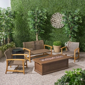 Outdoor 5 Piece Wood and Wicker Chat Set with Fire Pit - NH951803 clothes rack, garment rack