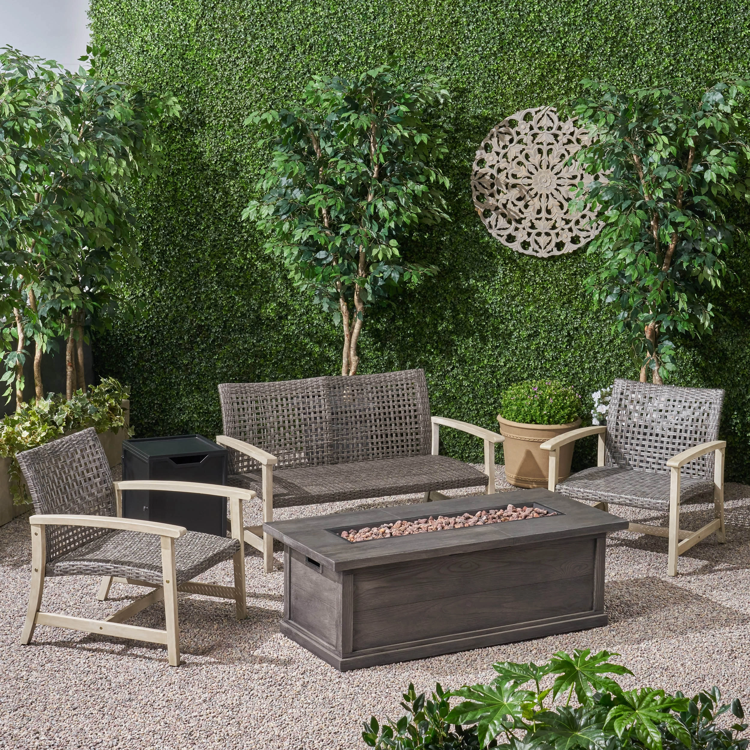 Outdoor 5 Piece Wood and Wicker Chat Set with Fire Pit - NH951803