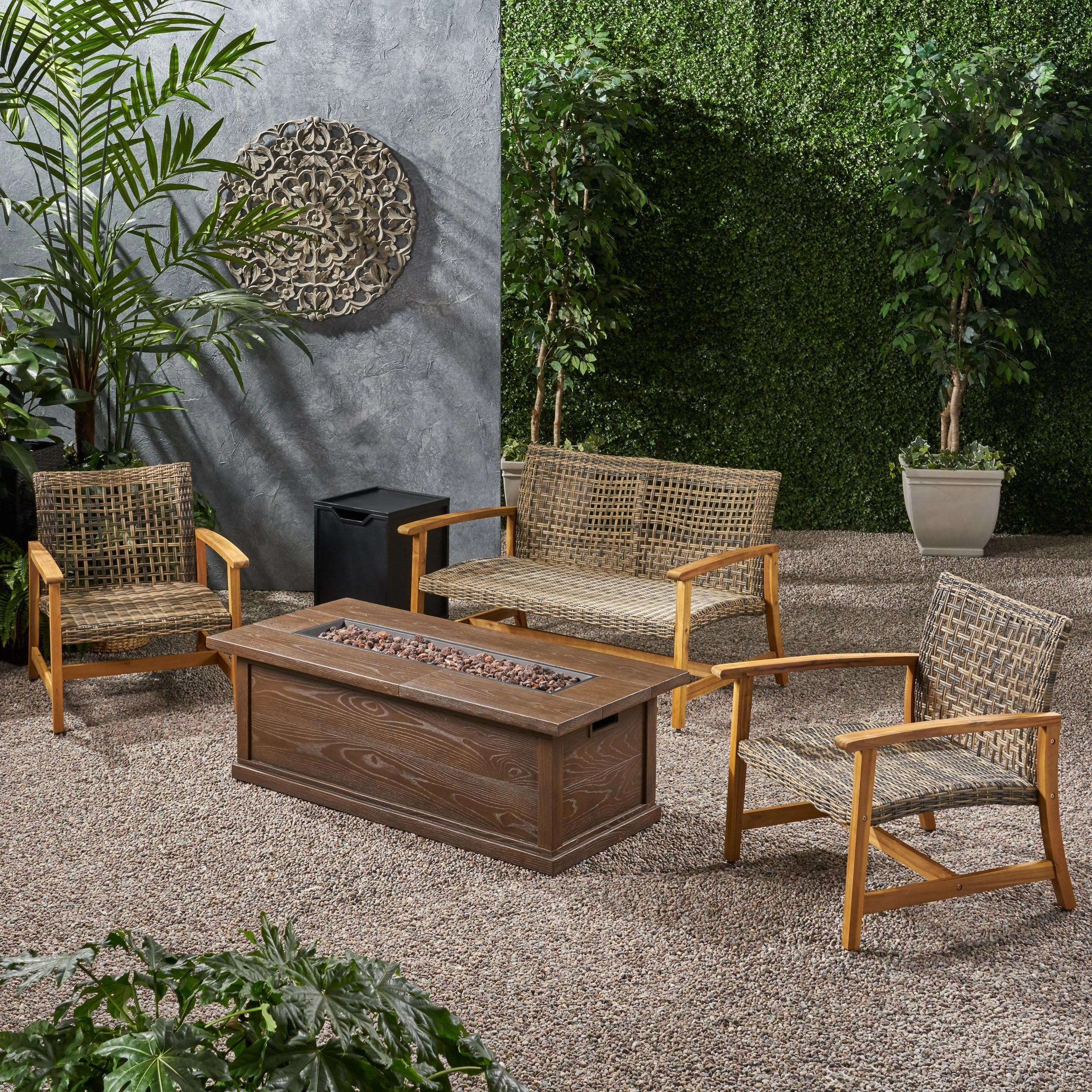 Outdoor 5 Piece Wood and Wicker Chat Set with Fire Pit - NH951803