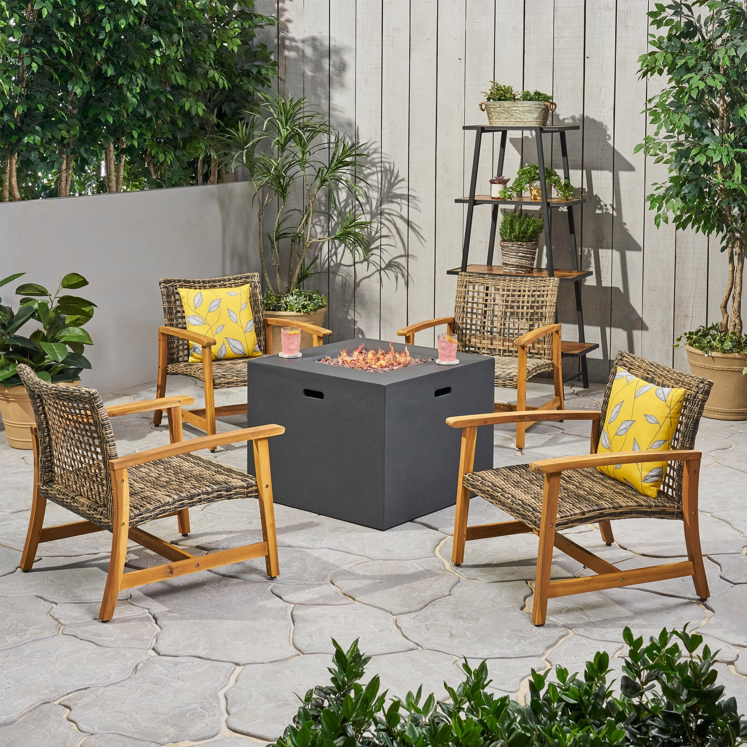 Outdoor 5 Piece Wood and Wicker Club Chairs and Fire Pit Set - NH051803 clothes rack, garment rack