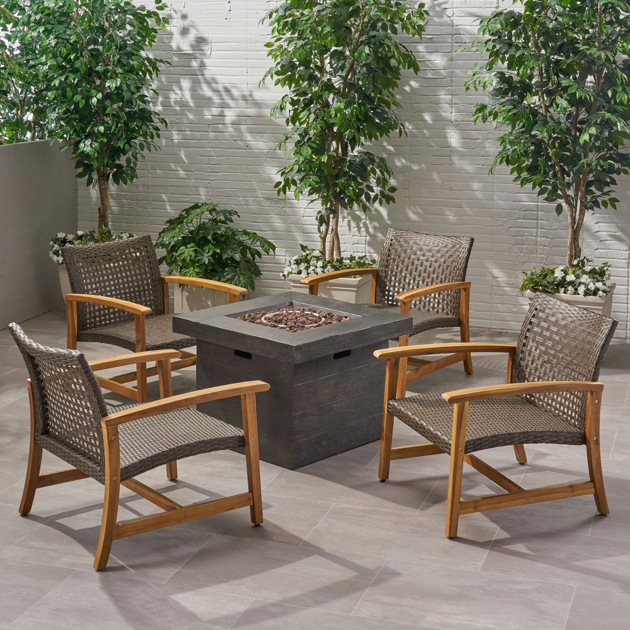 Outdoor 5 Piece Wood and Wicker Club Chairs and Fire Pit Set - NH451803 clothes rack, garment rack
