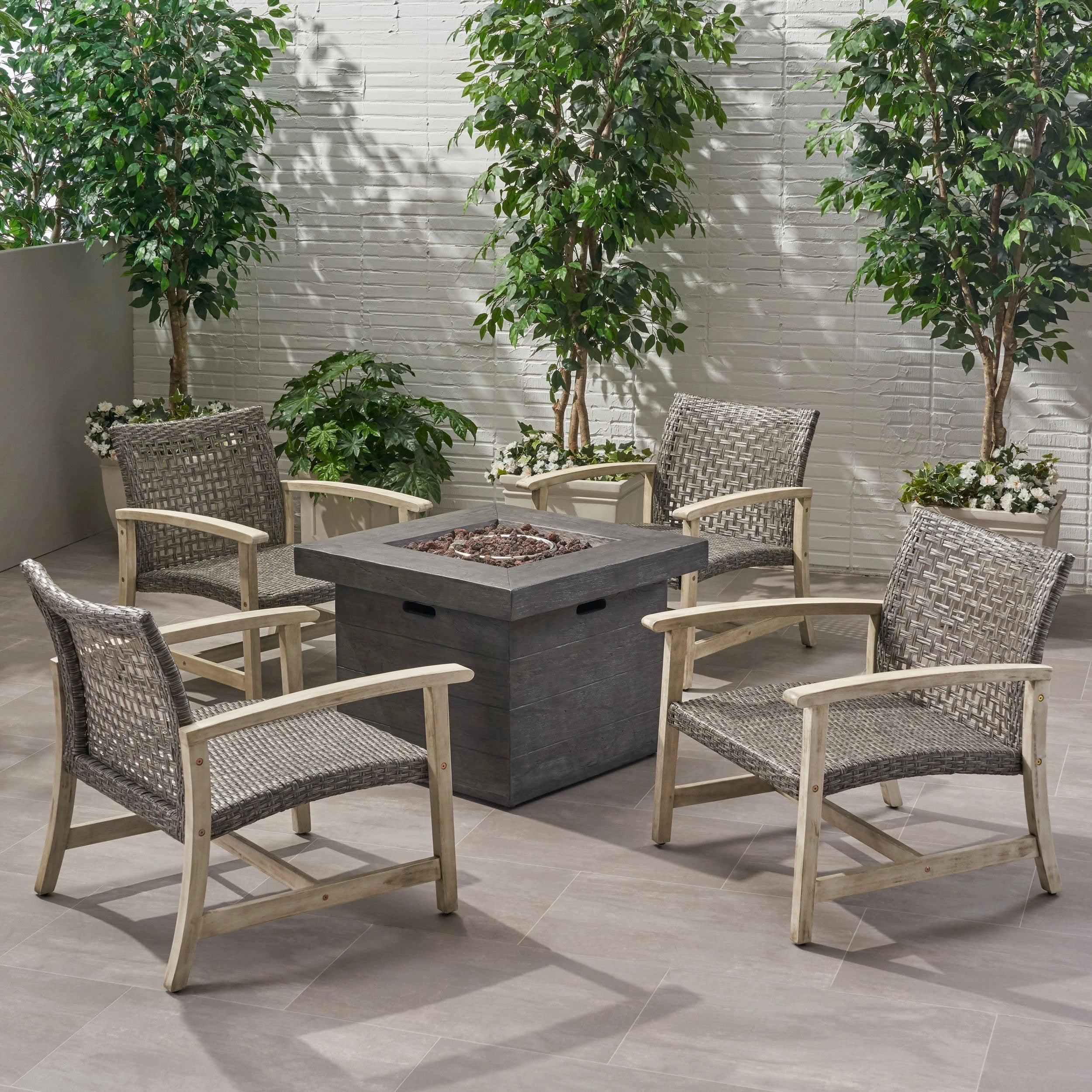 Outdoor 5 Piece Wood and Wicker Club Chairs and Fire Pit Set - NH451803