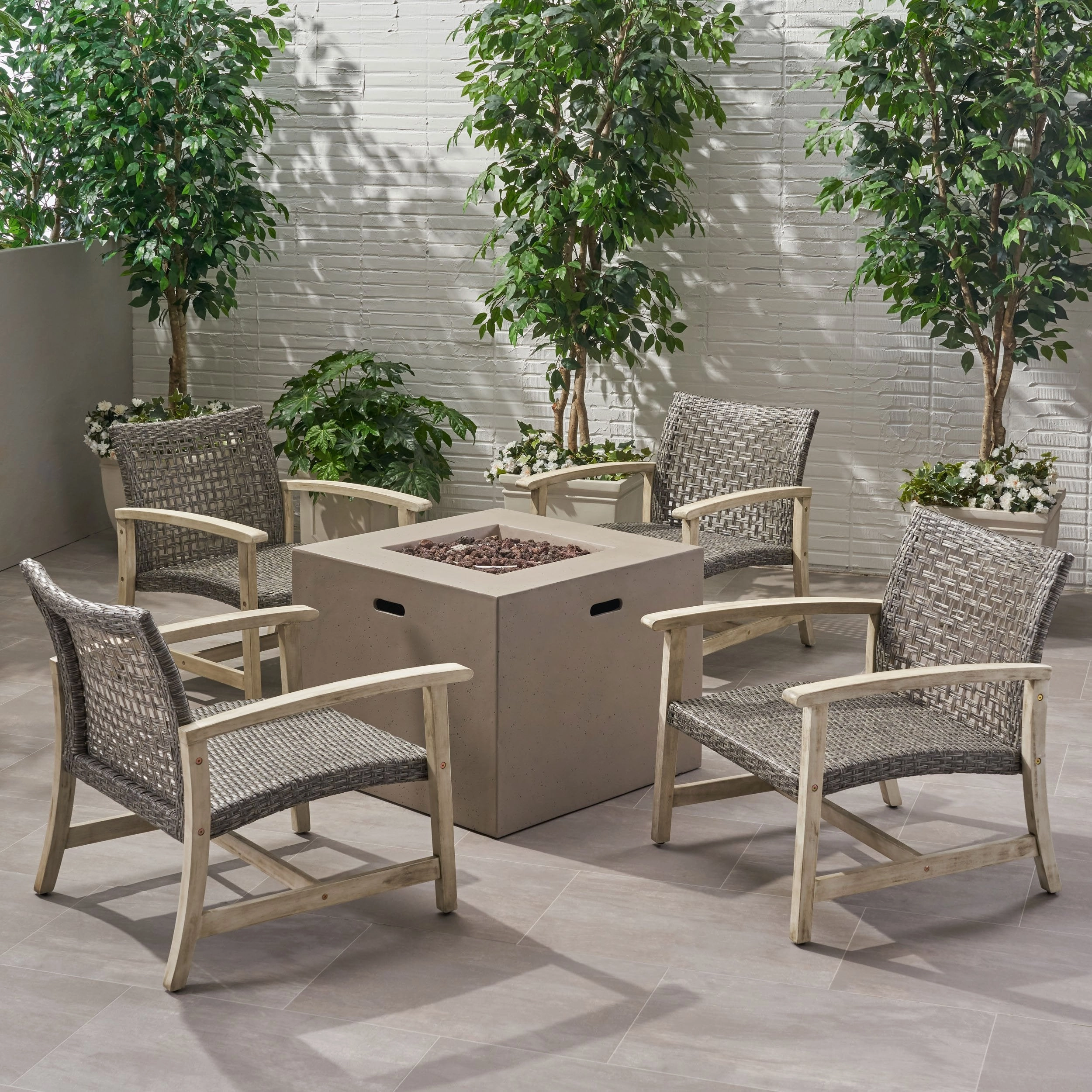 Outdoor 5 Piece Wood and Wicker Club Chairs and Fire Pit Set - NH841803