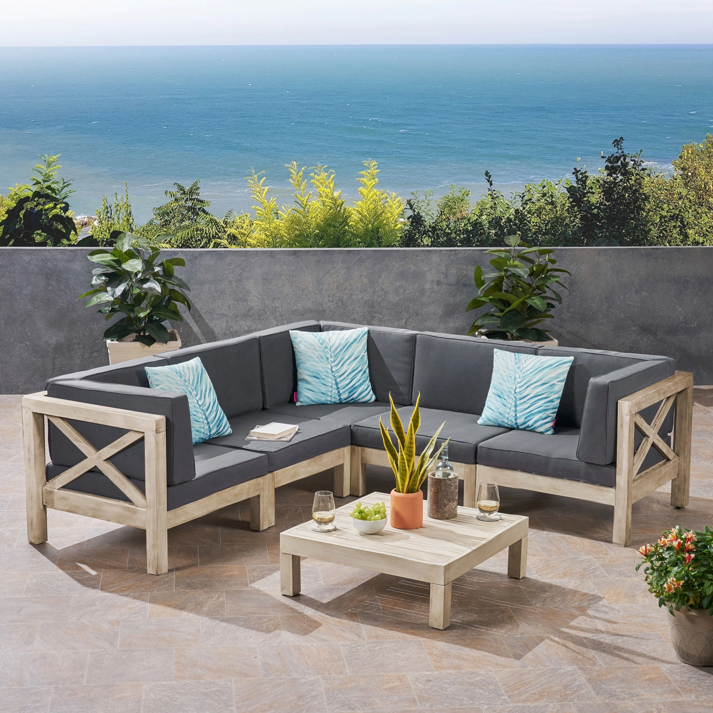 Outdoor 5-Seater Gray Acacia Wood Sectional Sofa Set with Coffee Table - NH717603 serving bowl, serving dish