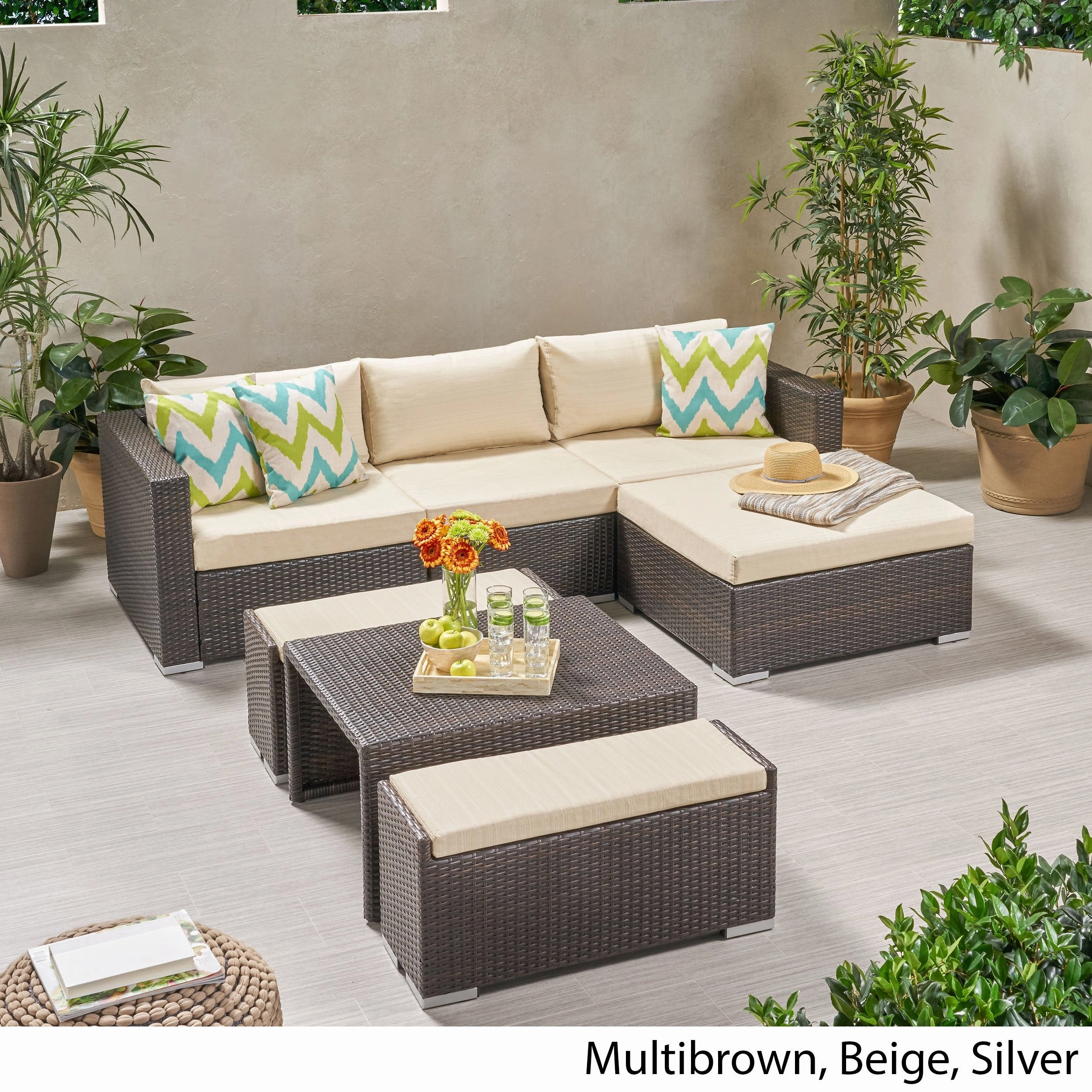 Outdoor 5 Seater L Shaped Wicker Sofa and Ottoman Set - NH759903