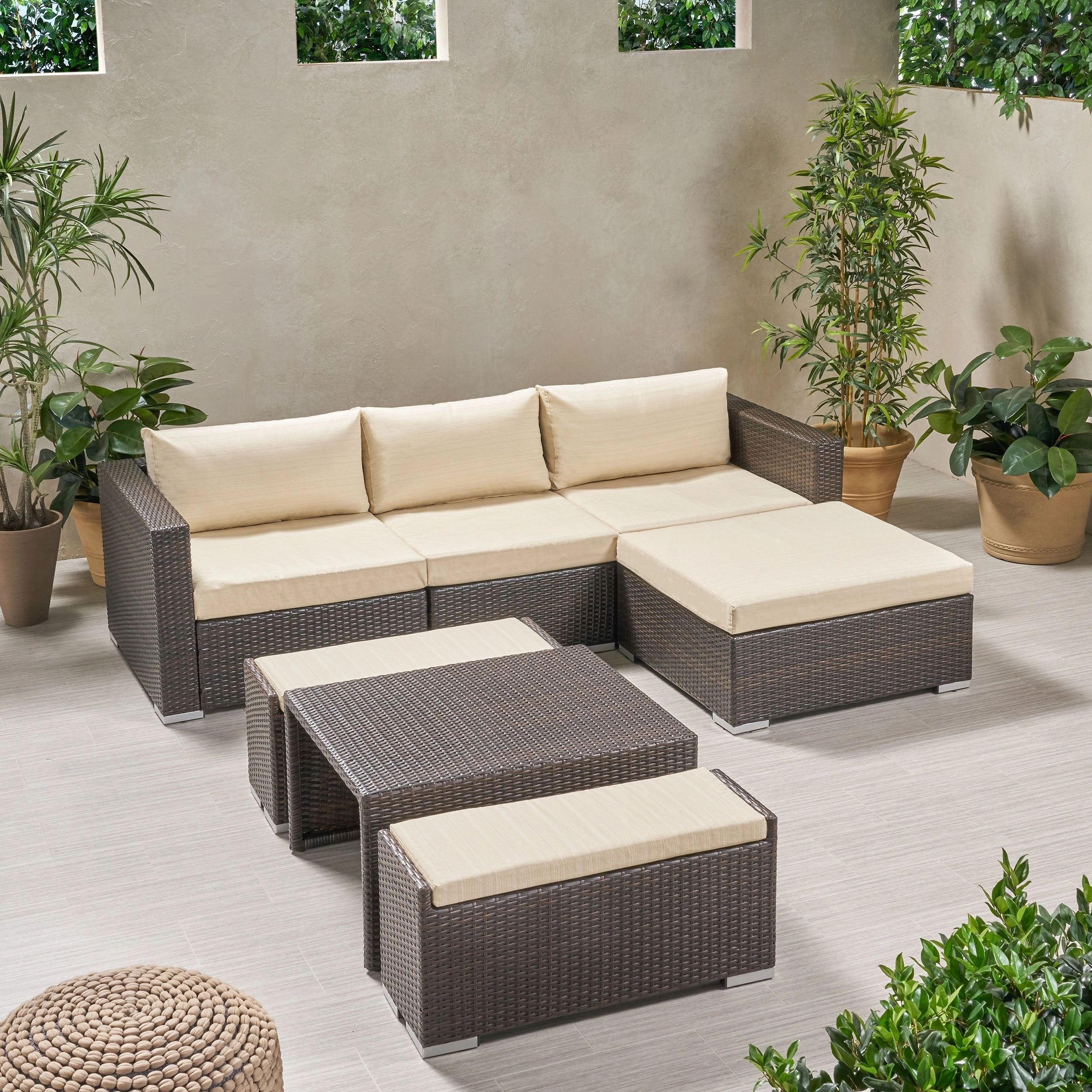Outdoor 5 Seater L Shaped Wicker Sofa and Ottoman Set - NH759903