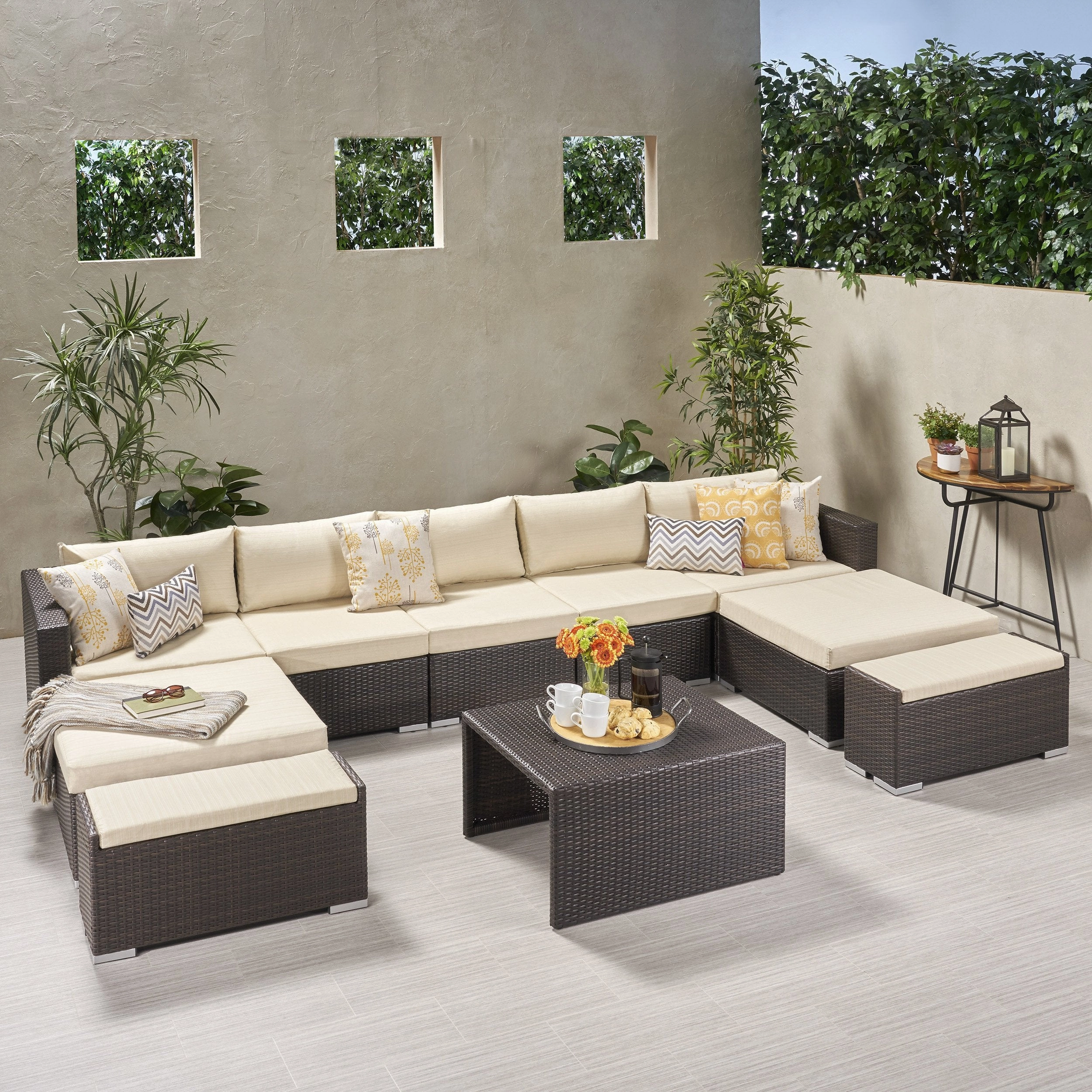 Outdoor 5 Seater U Shaped Wicker Sectional Sofa Set with Ottomans - NH569903 serving bowl, serving dish