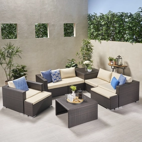 Outdoor 5 Seater V Shaped Wicker Storage Sectional Sofa Set with Ottomans - NH969903 serving bowl, serving dish