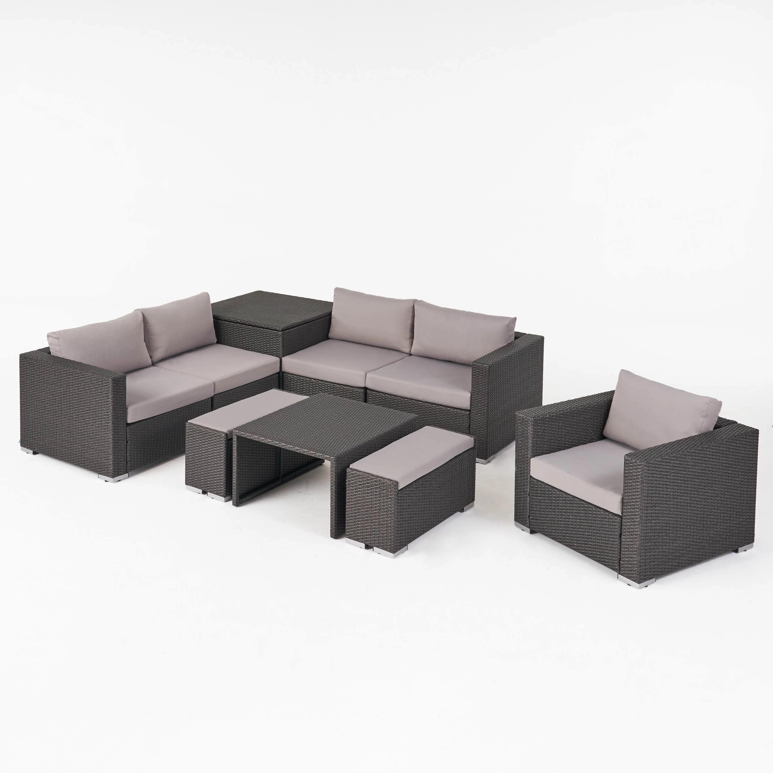 Outdoor 5 Seater V Shaped Wicker Storage Sectional Sofa Set with Ottomans - NH969903