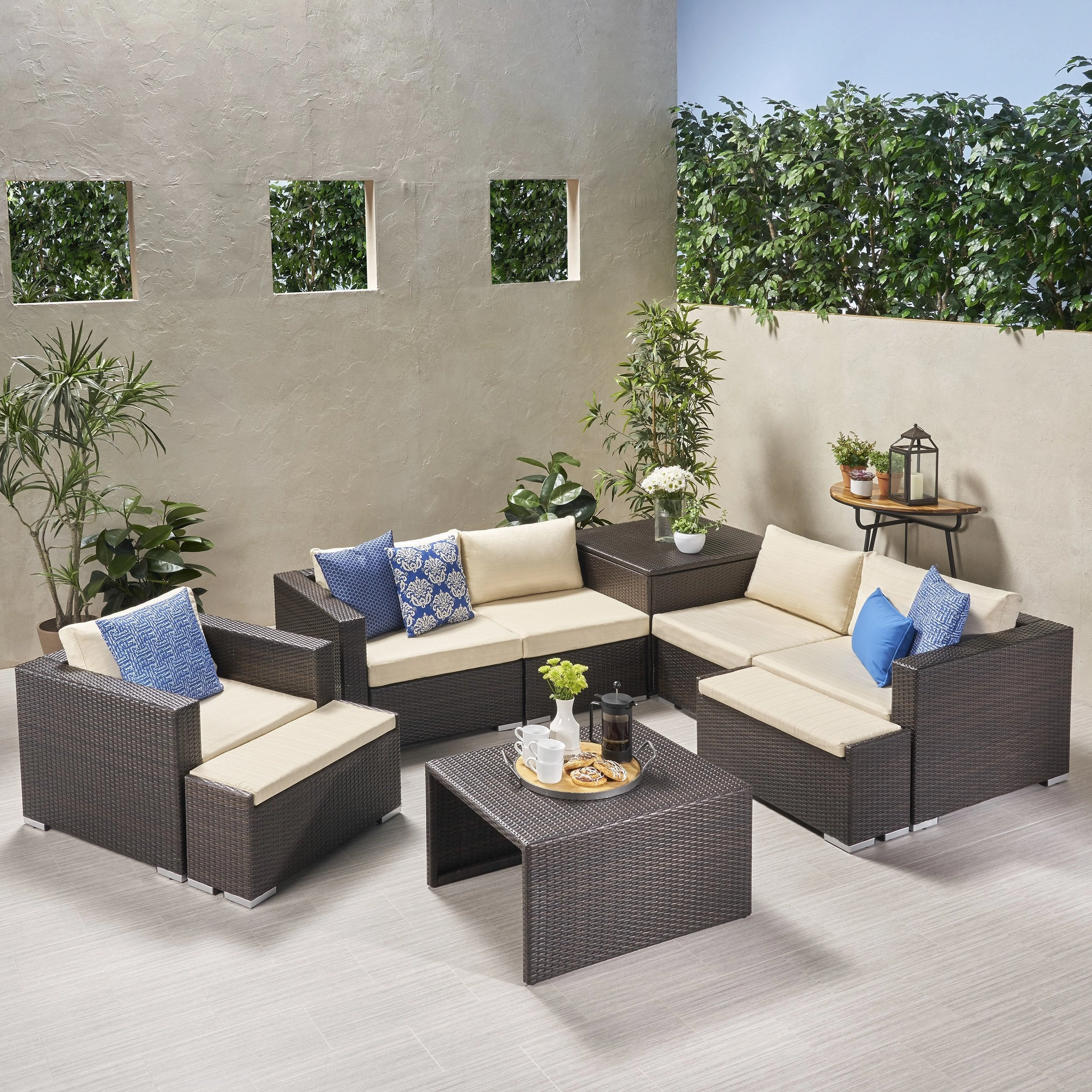 Outdoor 5 Seater V Shaped Wicker Storage Sectional Sofa Set with Ottomans - NH969903 serving bowl, serving dish