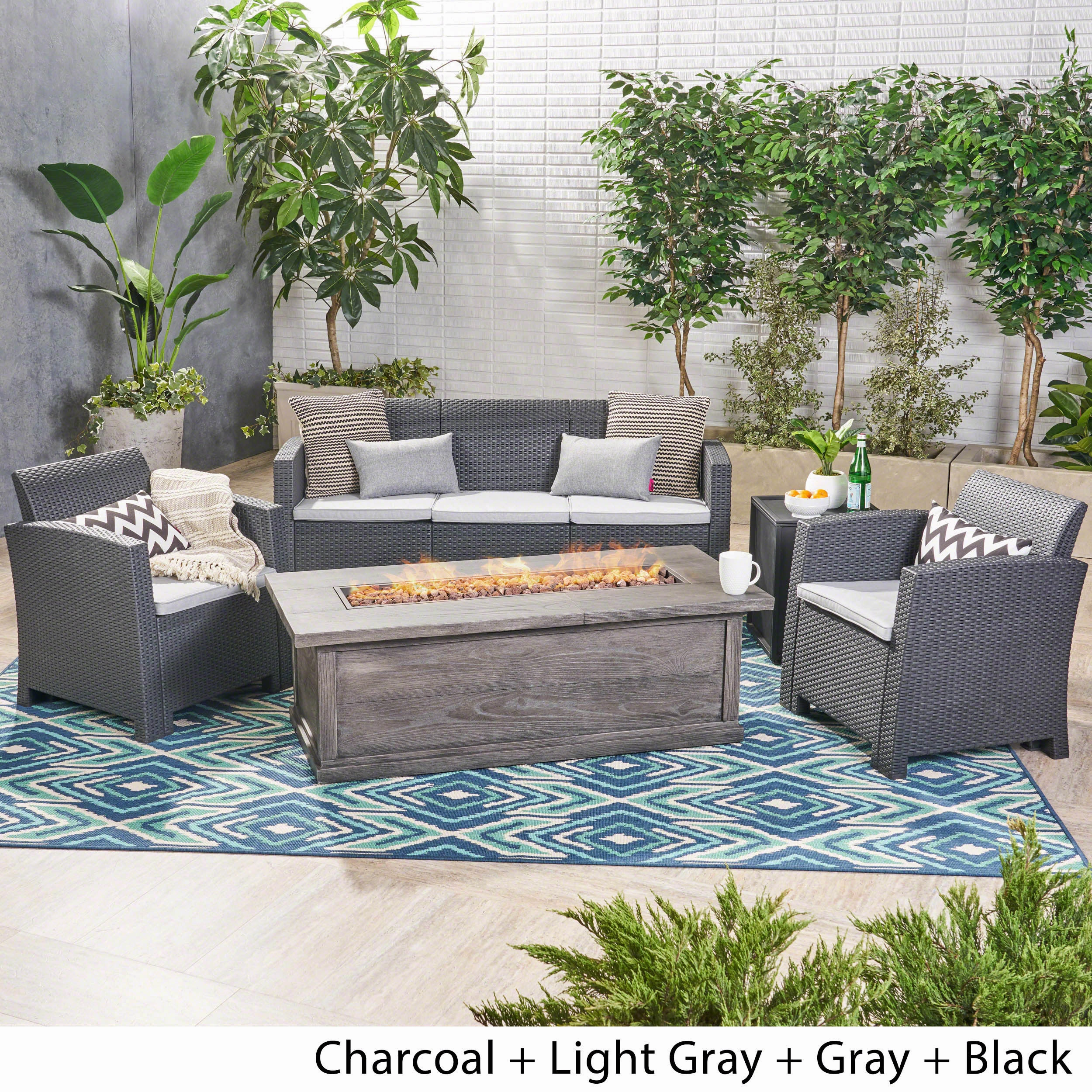 Outdoor 5-Seater Wicker Print Chat Set with Fire Pit and Tank Holder - NH133603