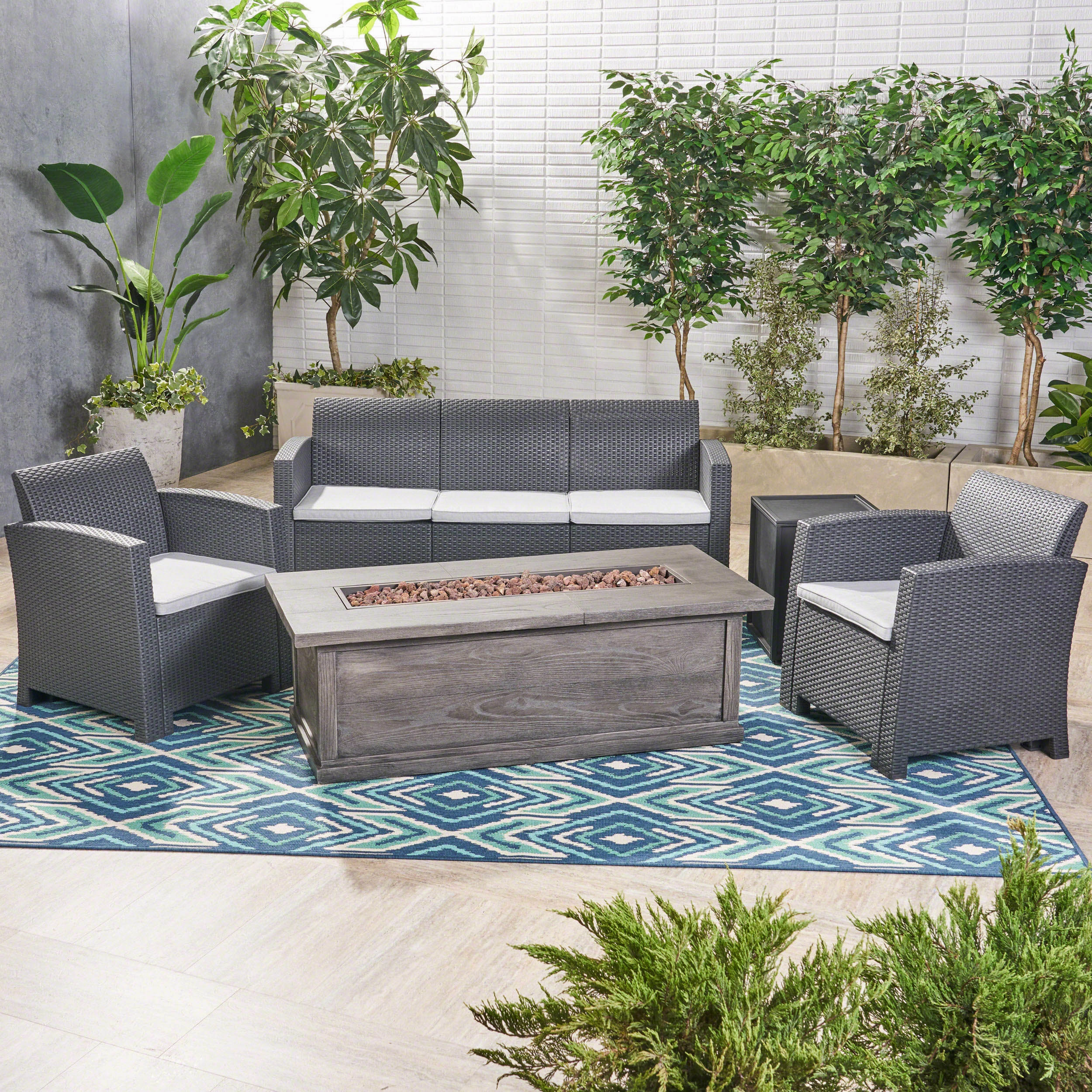 Outdoor 5-Seater Wicker Print Chat Set with Fire Pit and Tank Holder - NH133603