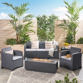 Outdoor 5-Seater Wicker Print Chat Set with Fire Pit and Tank Holder, Charcoal with Light Gray and Dark Gray - NH533603 cushion cover, soft furnishing