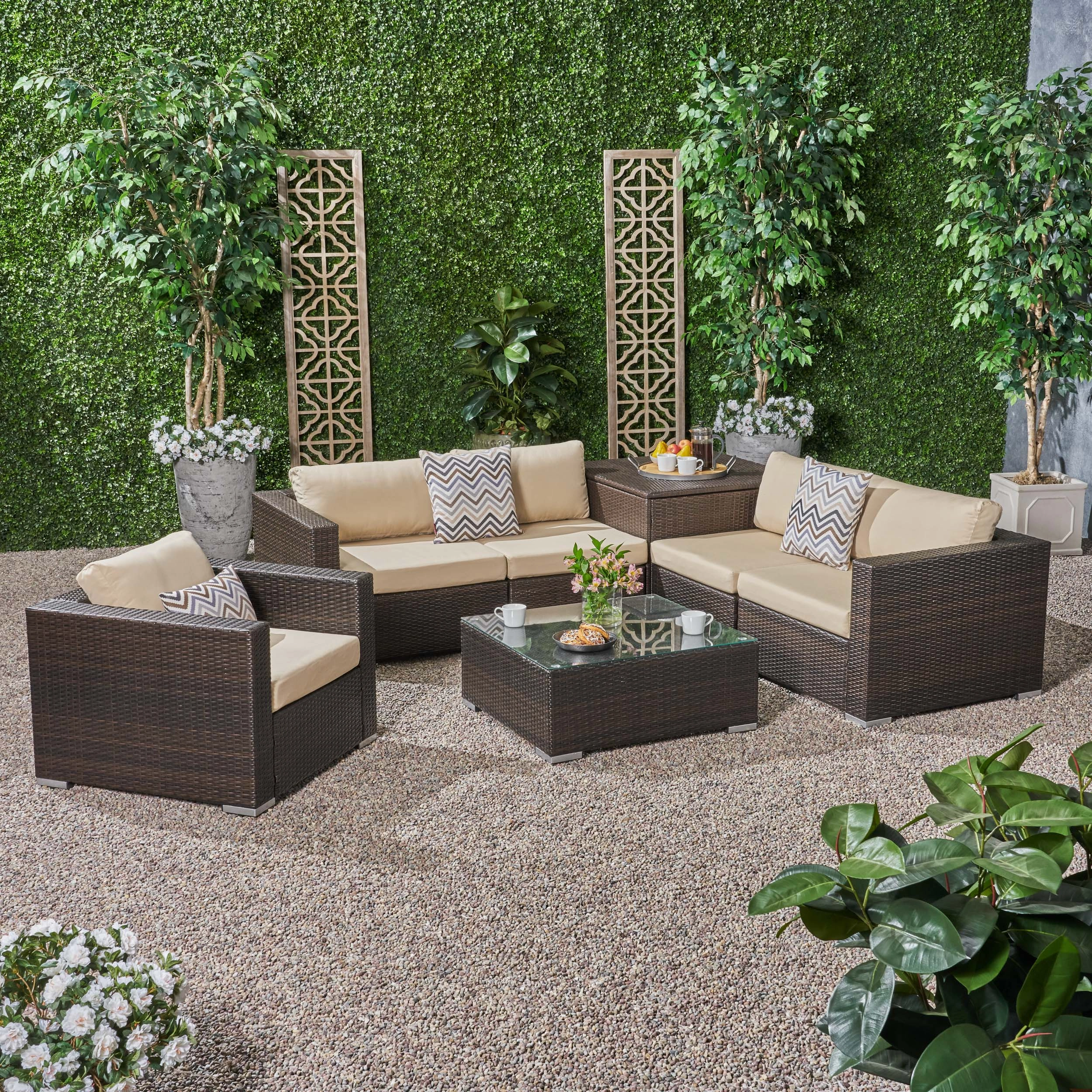 Outdoor 5 Seater Wicker Sectional Sofa Set with Storage Ottoman and Sunbrella Cushions - NH205803 serving bowl, serving dish